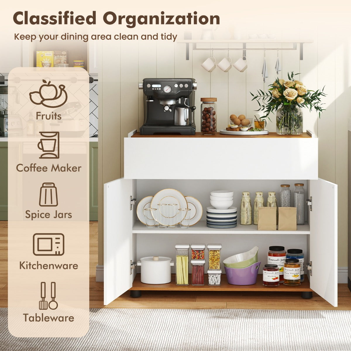 Livsk costway dressoir met opbergruimte houten koffietafel met een lade en twee deuren wit 6
