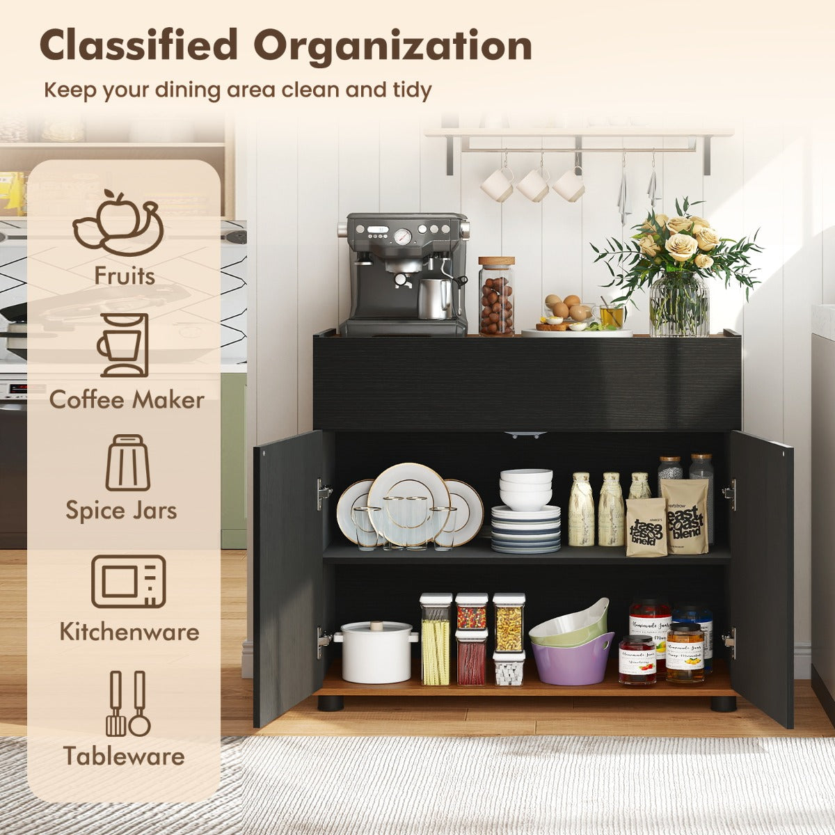 Livsk costway dressoir met opbergruimte houten koffietafel met een lade en twee deuren zwart 6