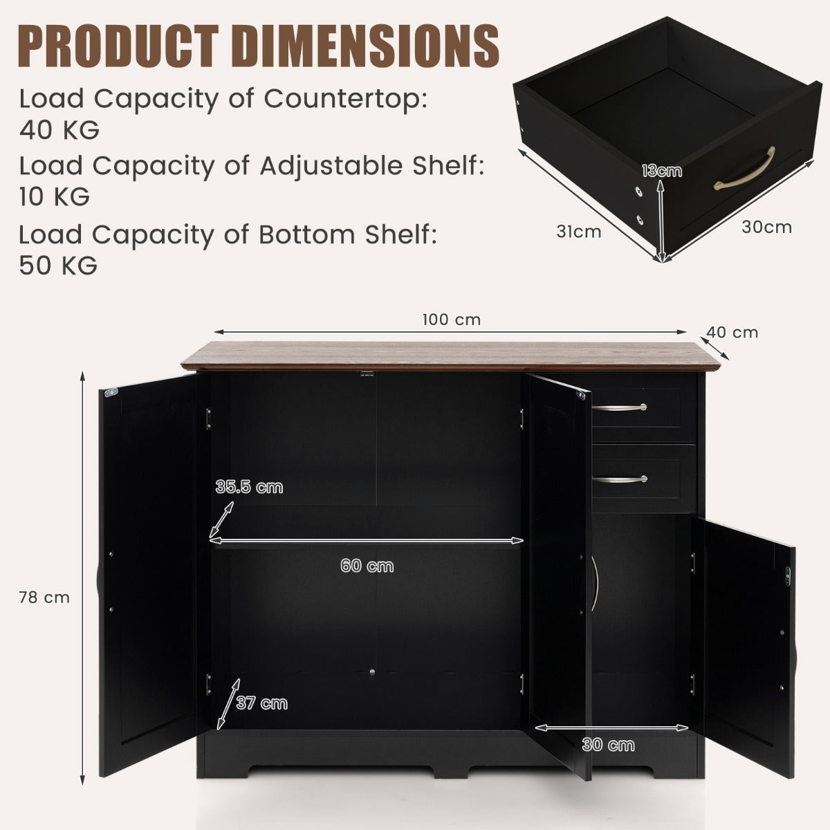 LIVSK Buffetkast met 2 Lades en 2 Kasten - Verstelbare Plank - Modern Design van MDF - Eenvoudig Schoon te Maken - Zwart