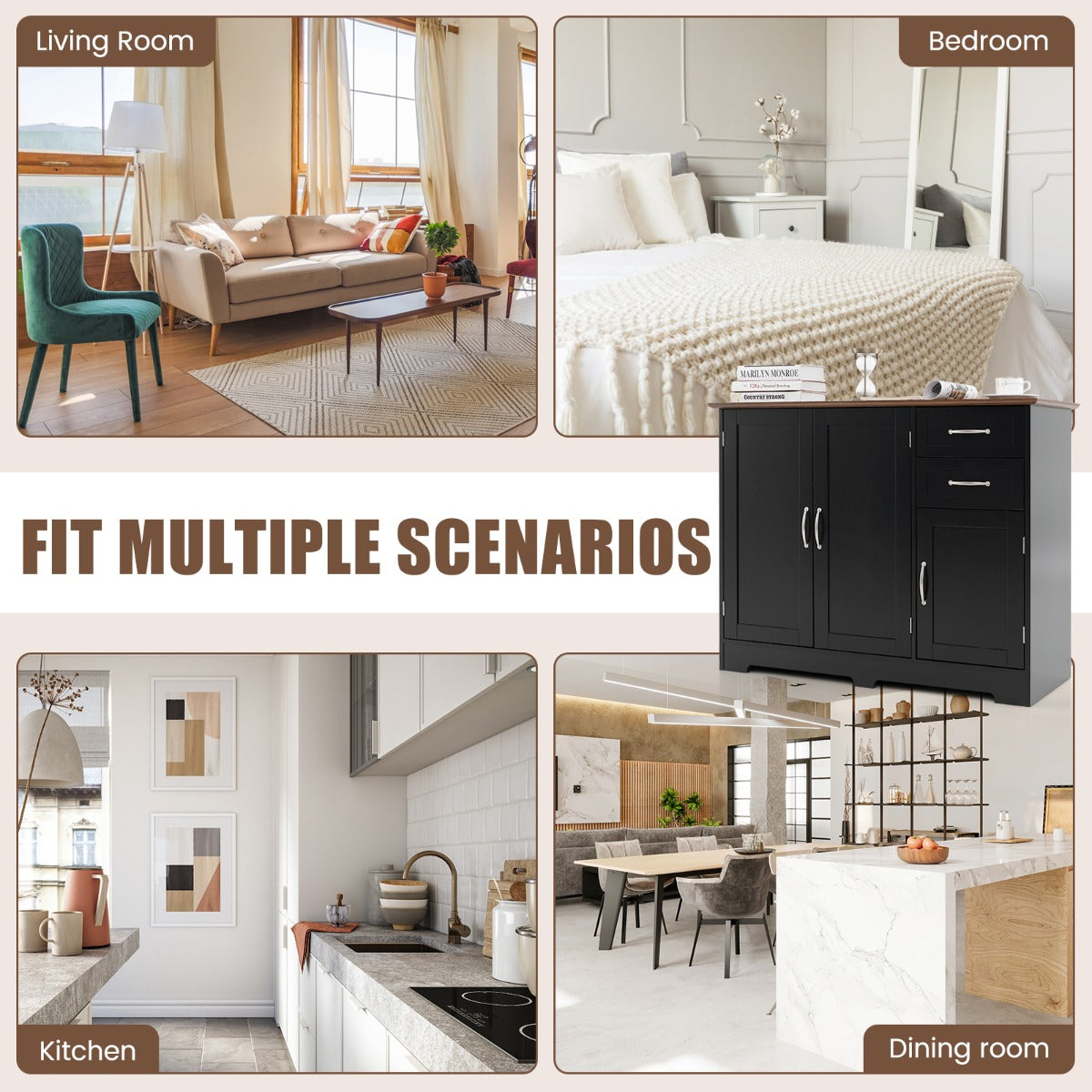 LIVSK Buffetkast met 2 Lades en 2 Kasten - Verstelbare Plank - Modern Design van MDF - Eenvoudig Schoon te Maken - Zwart