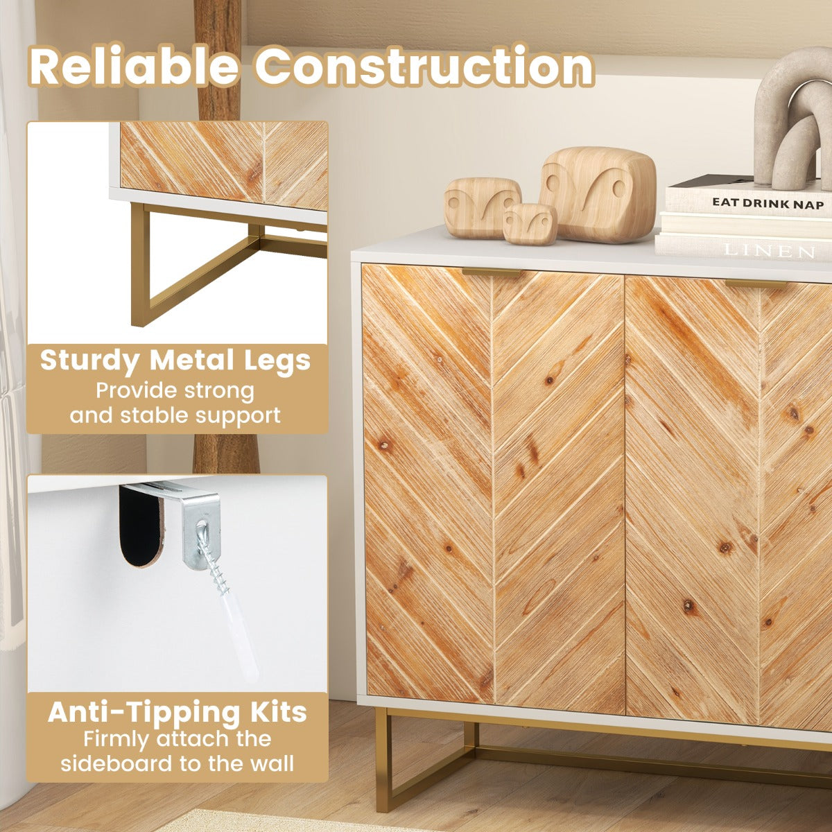 LIVSK Dressoir Opbergkast - Ruim Bovenblad - 2 Compartimenten - Dennenhout - Stabiele Constructie - 80 x 40 x 80 cm - Wit/Zwart