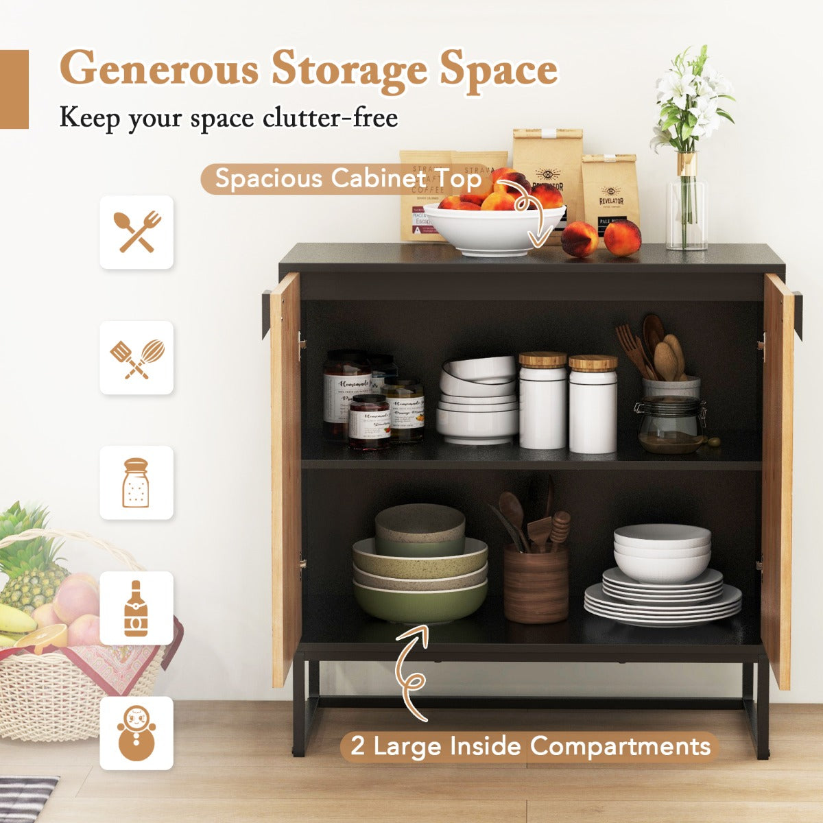 LIVSK Modern Dressoir - Ruim Bovenblad - 2 Grote Compartimenten - Nerf Dennenhout - Duurzaam - 80 x 40 x 80 cm - Wit