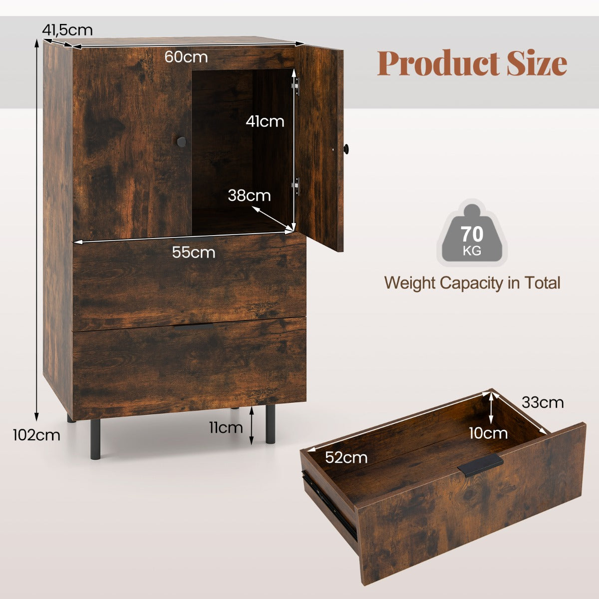 LIVSK Buffetkast met Metalen Poten - 2 Lades & 1 Kast - Veiligheidsvoorzieningen - 60 x 41,5 x 102 cm - Koffie