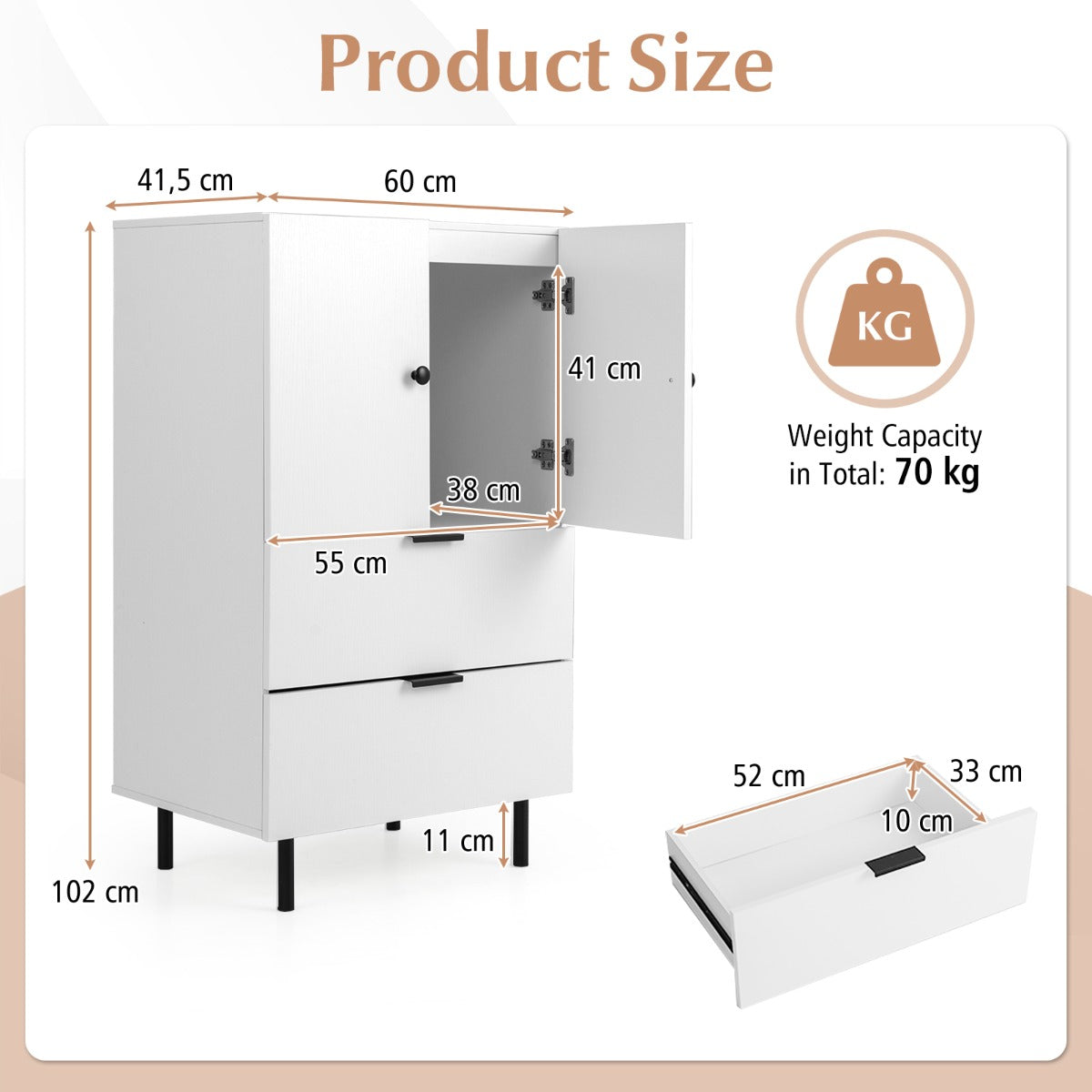 LIVSK Buffetkast met 2 Lades - Metalen Poten - Antikantelvoorzieningen - 60 x 41,5 x 102 cm - Wit