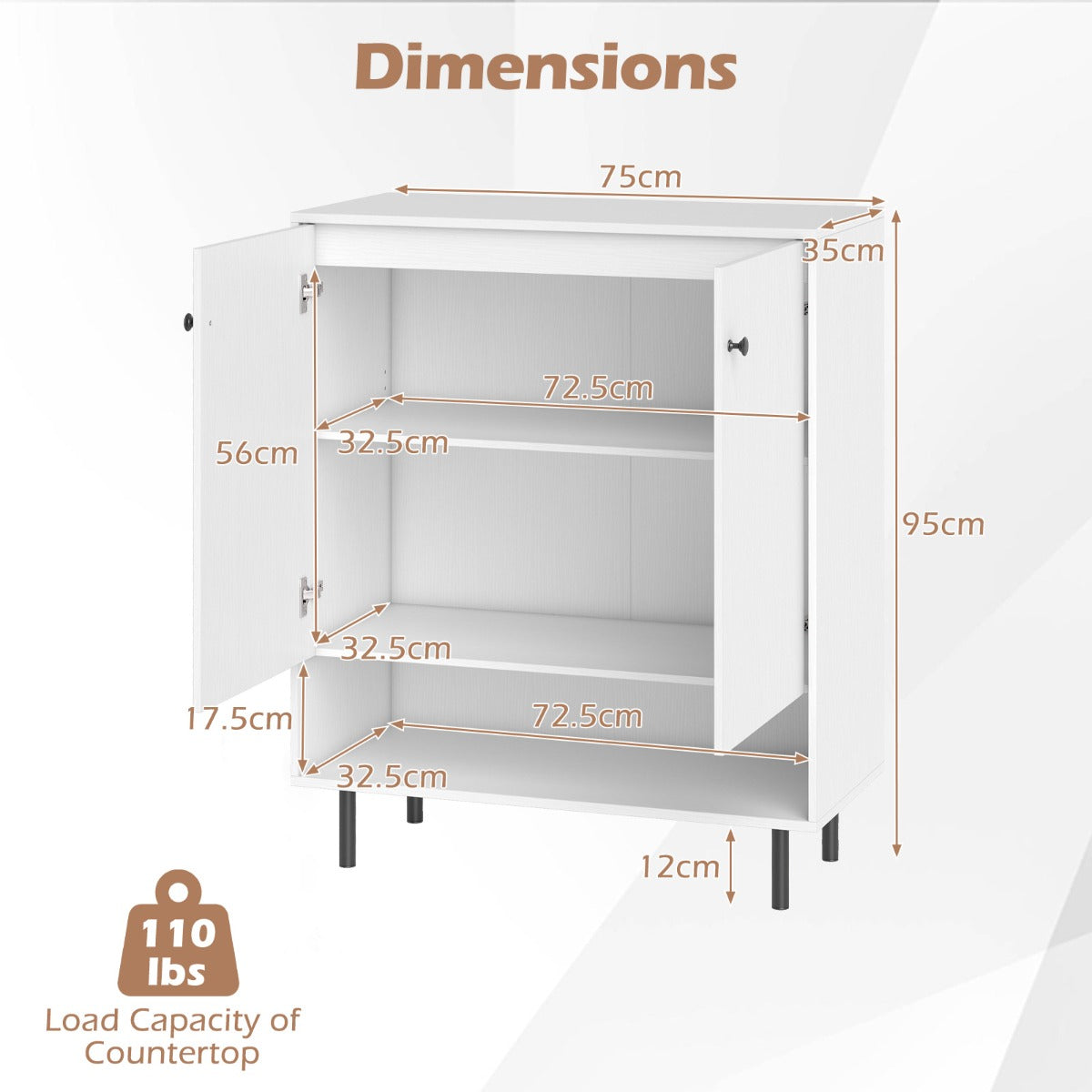 LIVSK Keukenbuffetkast - Ruim Werkblad - Verstelbare Plank - Robuuste Constructie - Tot 110 kg - 75 x 35 x 95 cm - Wit