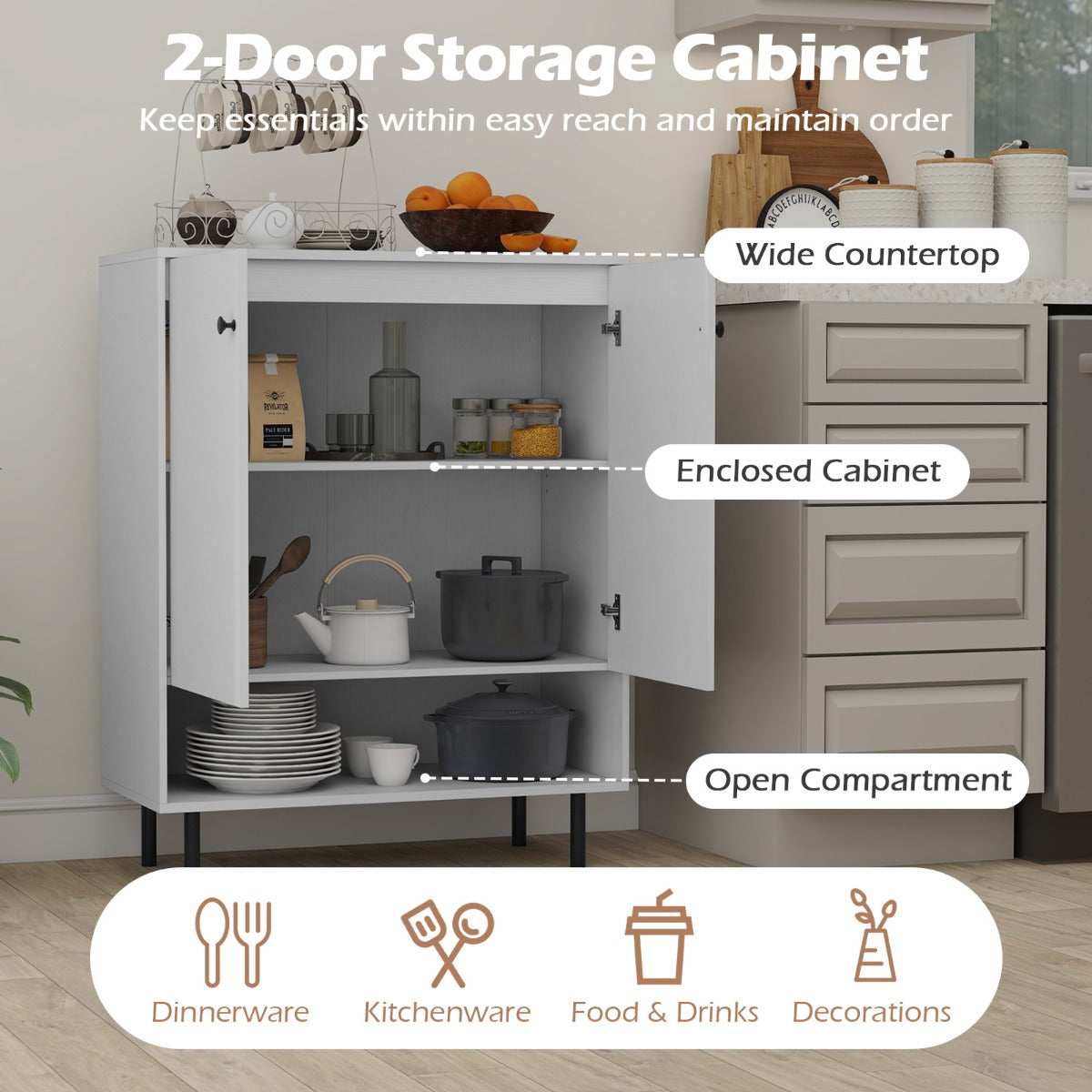 LIVSK Keukenbuffetkast - Ruim Werkblad - Verstelbare Plank - Robuuste Constructie - Tot 110 kg - 75 x 35 x 95 cm - Wit