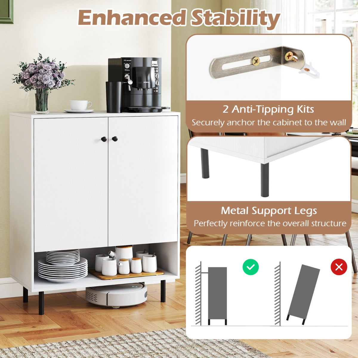 LIVSK Keukenbuffetkast - Ruim Werkblad - Verstelbare Plank - Robuuste Constructie - Tot 110 kg - 75 x 35 x 95 cm - Wit