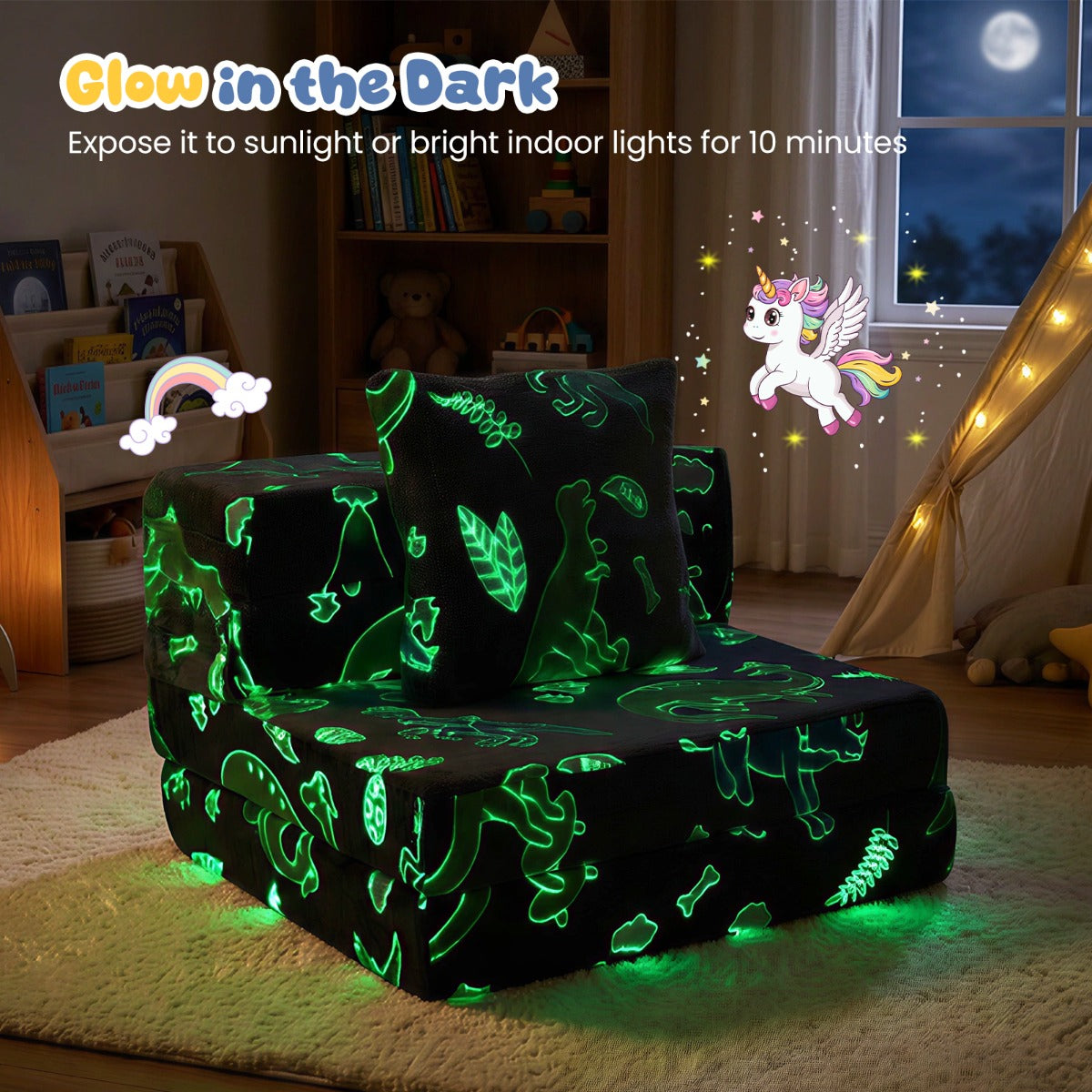 Livsk costway drie in een kinderbedbank slaapbank met schuimvulling en afneembare hoes glow in the dark opvouwbare zitting 6