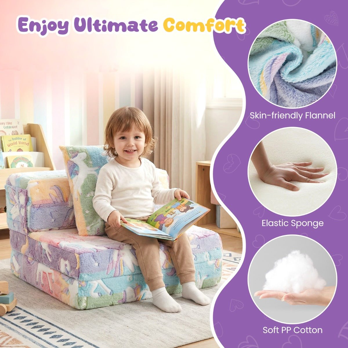 Livsk costway drie in een kinderbedbank slaapbank met schuimvulling en afneembare hoes glow in the dark opvouwbare zitting veelkleurig 4