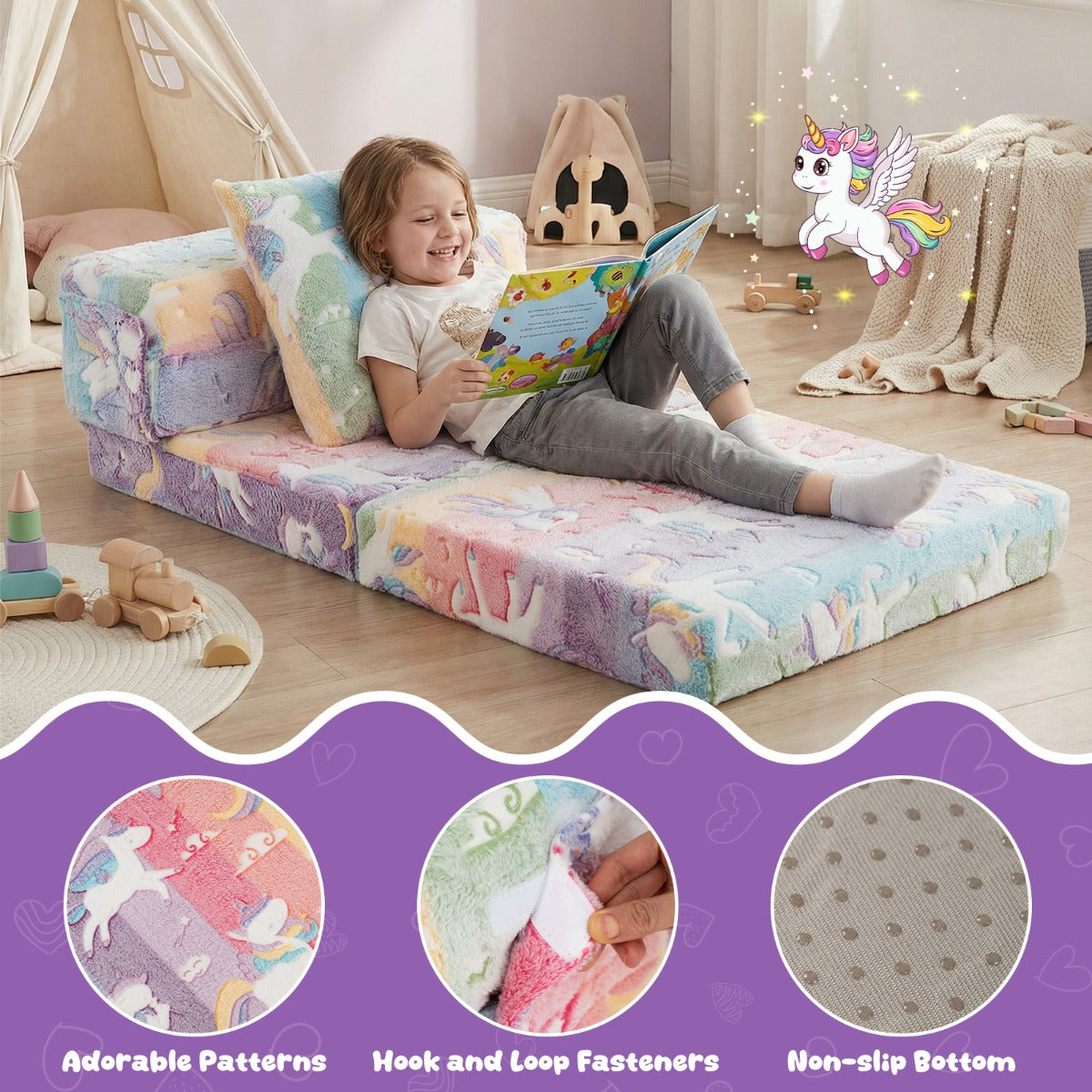 Livsk costway drie in een kinderbedbank slaapbank met schuimvulling en afneembare hoes glow in the dark opvouwbare zitting veelkleurig 6