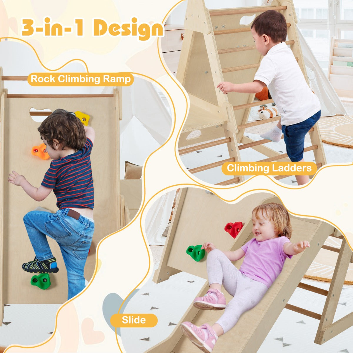 Livsk costway drie in een klimrek met glijbaan klimrek met ladder houten klimset naturel 5 2