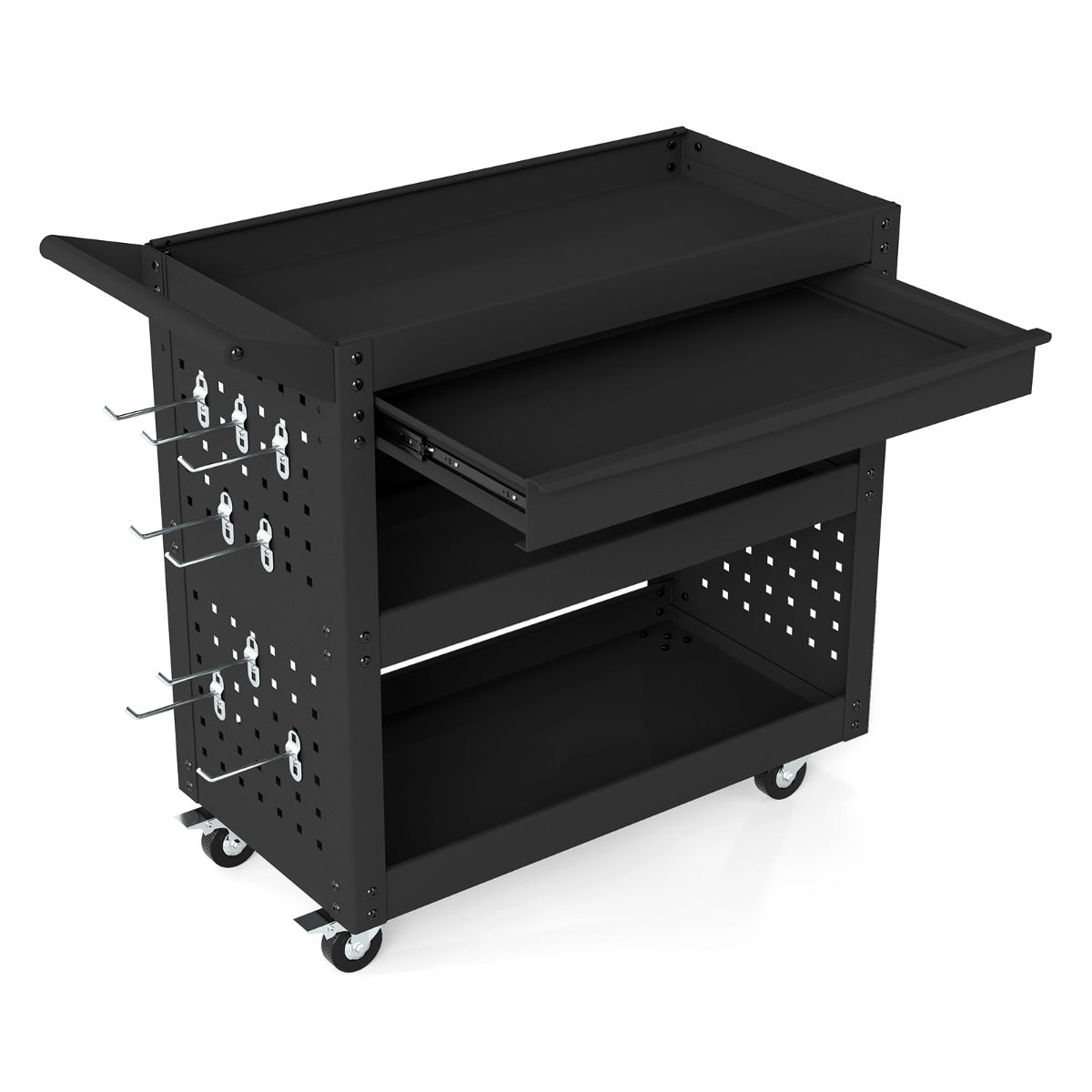 Livsk costway drie laags gereedschapswagen op wielen metalen handkar met grote lade twee pegboards en acht haken 1 1