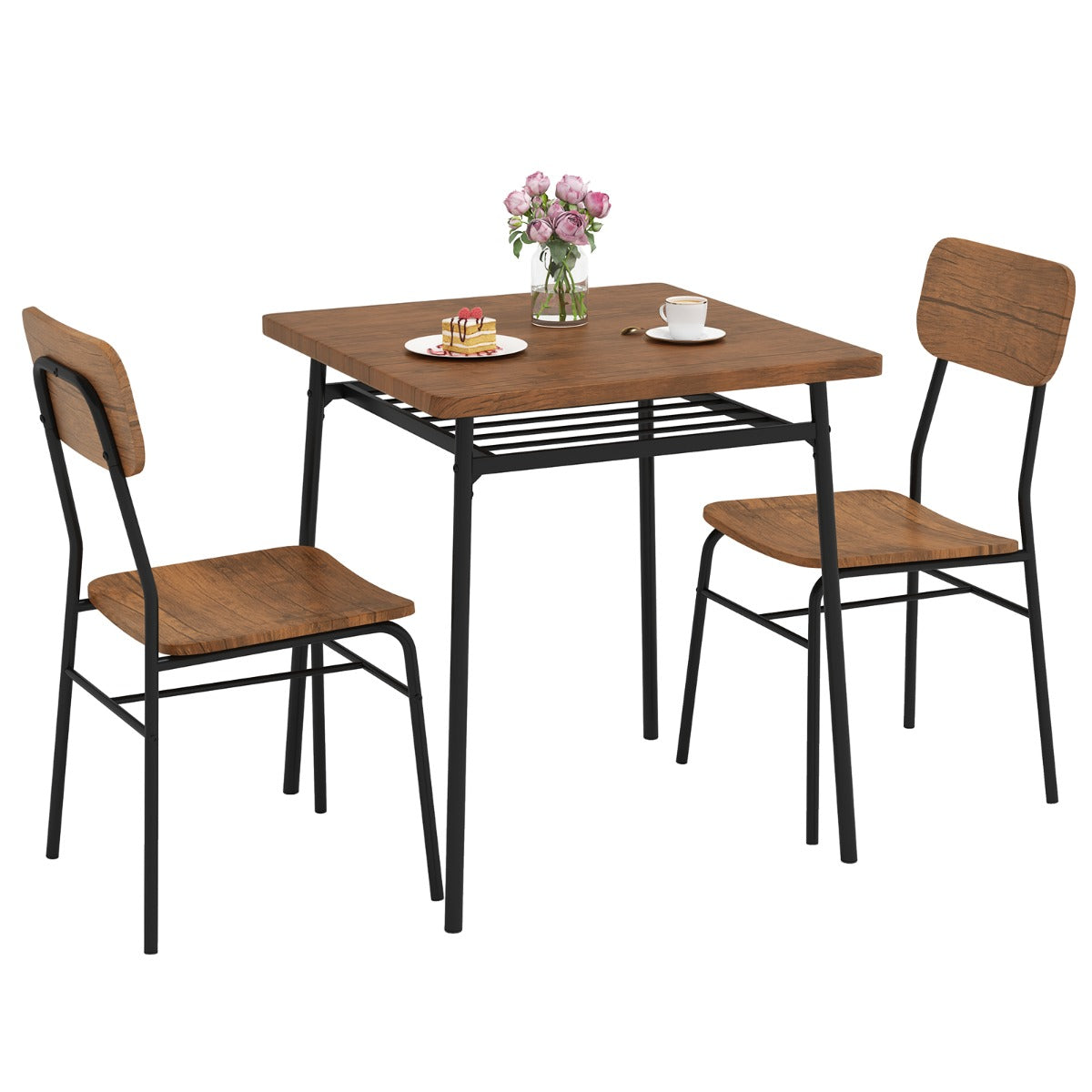 Livsk costway driedelige eetset bestaande uit een vierkante keukentafel met stoelen met opbergruimte voorzien van een metalen frame voor een ruimtebesparend meubelensemble
