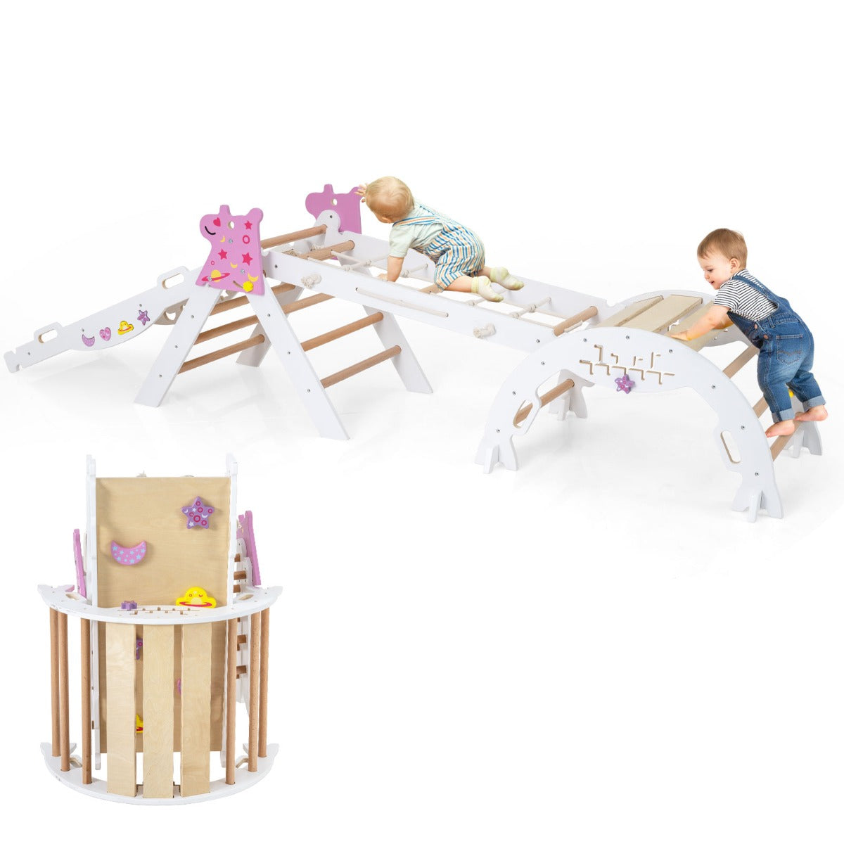 Livsk costway driehoekige set 4 in 1 opvouwbaar klimspeelgoed montessori houten klimset wit 1