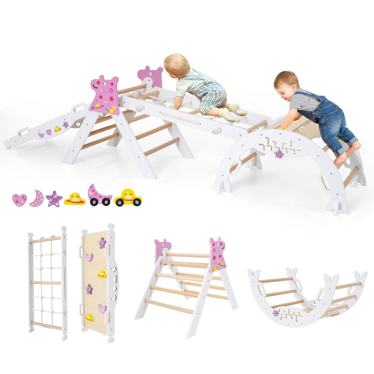Livsk costway driehoekige set 4 in 1 opvouwbaar klimspeelgoed montessori houten klimset wit