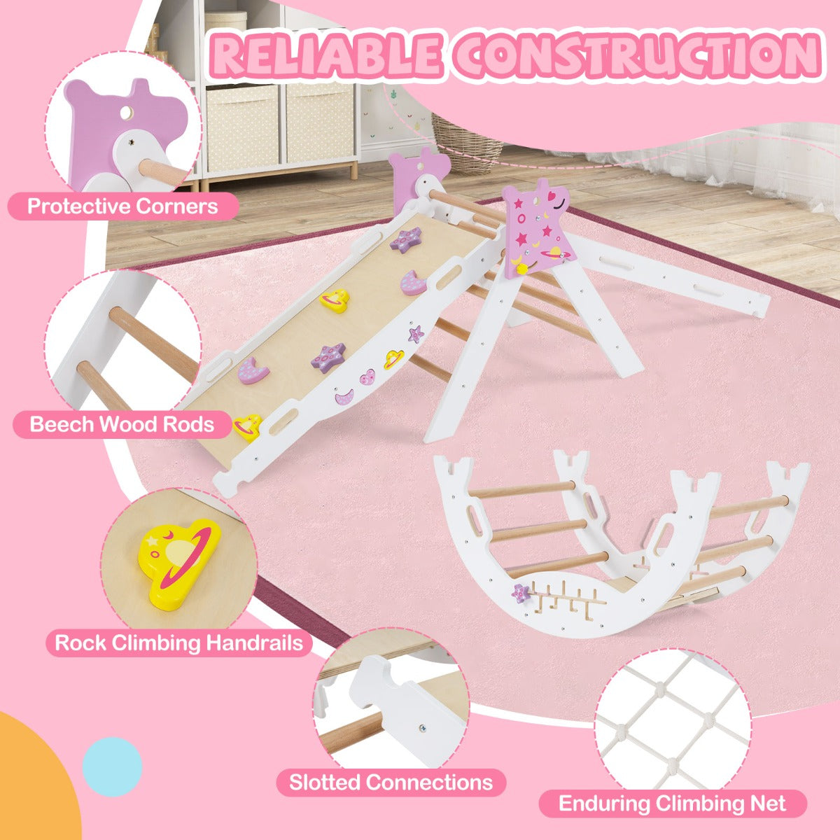 Livsk costway driehoekige set 4 in 1 opvouwbaar klimspeelgoed montessori houten klimset wit