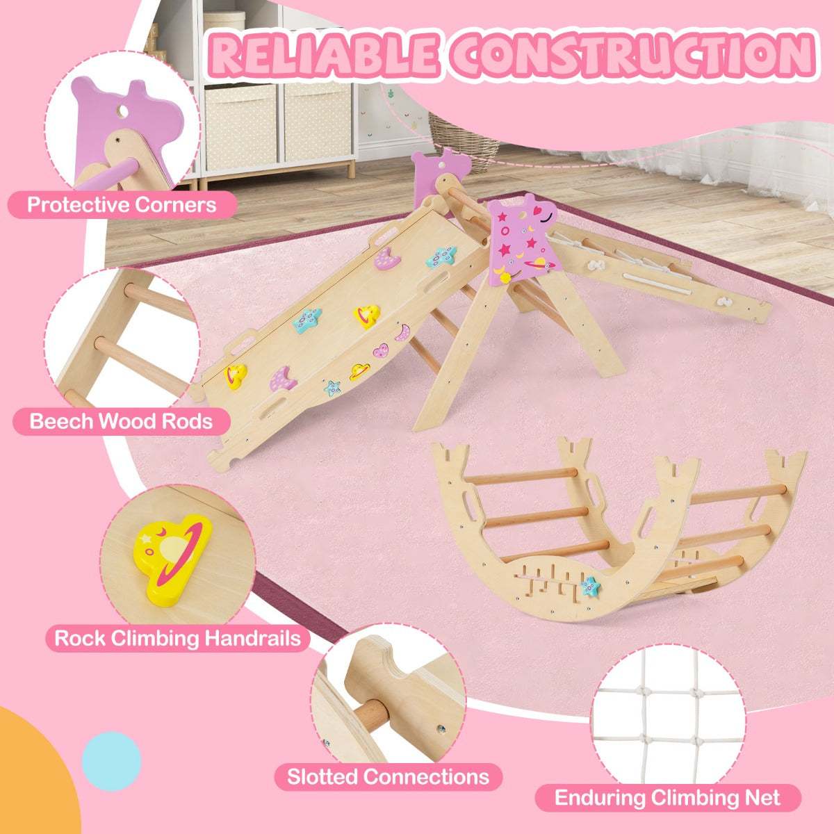 Livsk costway driehoekige set 8 in 1 opvouwbaar klimspeelgoed montessori houten klimset naturel 6