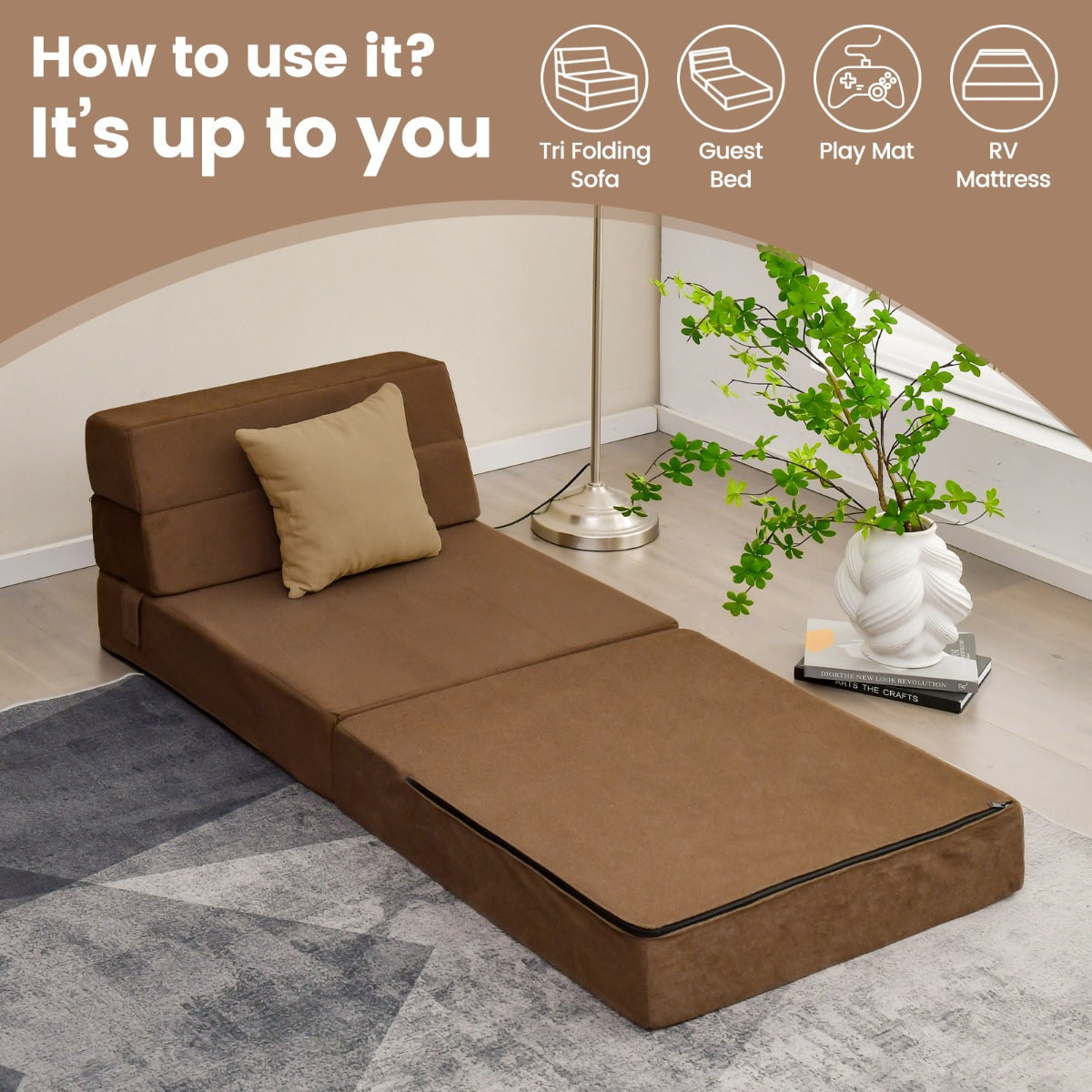 LIVSK Drievoudige Slaapbank - Omvormbaar tot Bank, Chaise Longue of Matras - Velours - Ruimtebesparend - Bruin