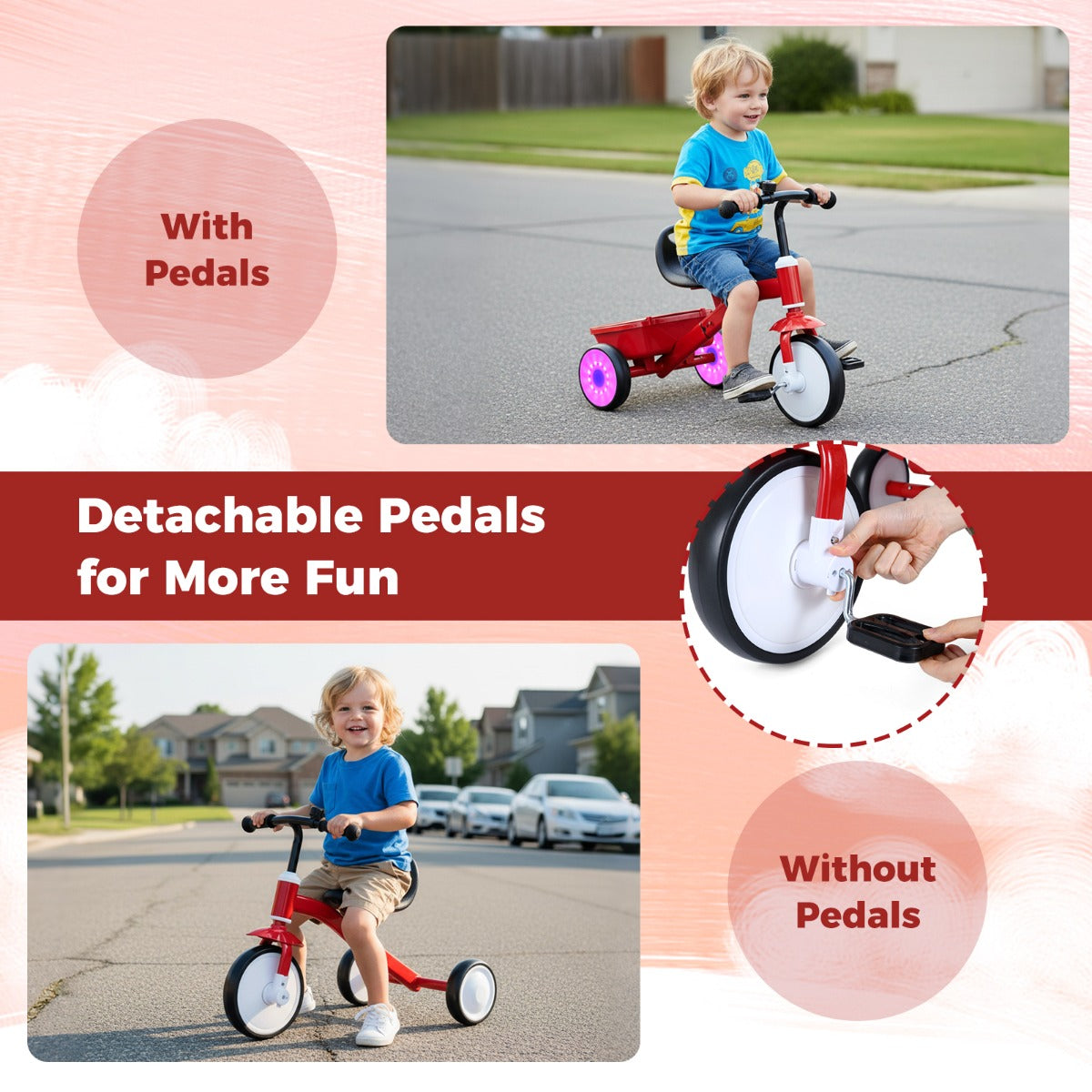 Livsk costway driewieler voor peuters loopfiets met lichtgevende wielen opbergbox afneembare pedalen kinderfiets 4