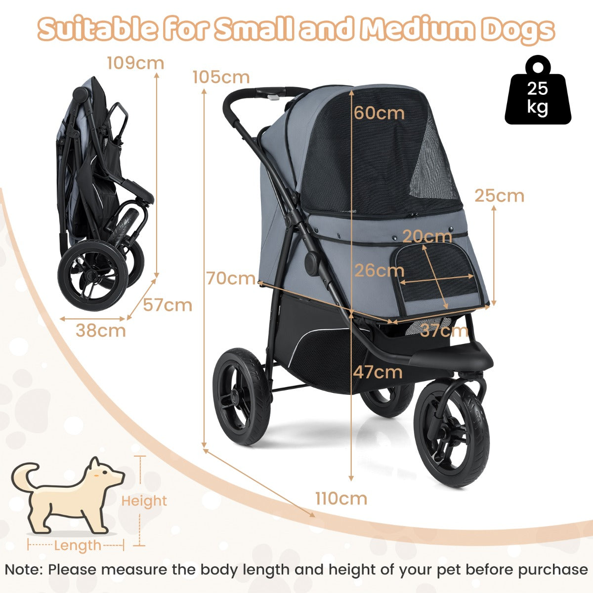 Livsk costway driewielige trolley voor huisdieren geschikt voor kleine tot middelgrote honden met een opvouwbare kattenmand grijs 1 1