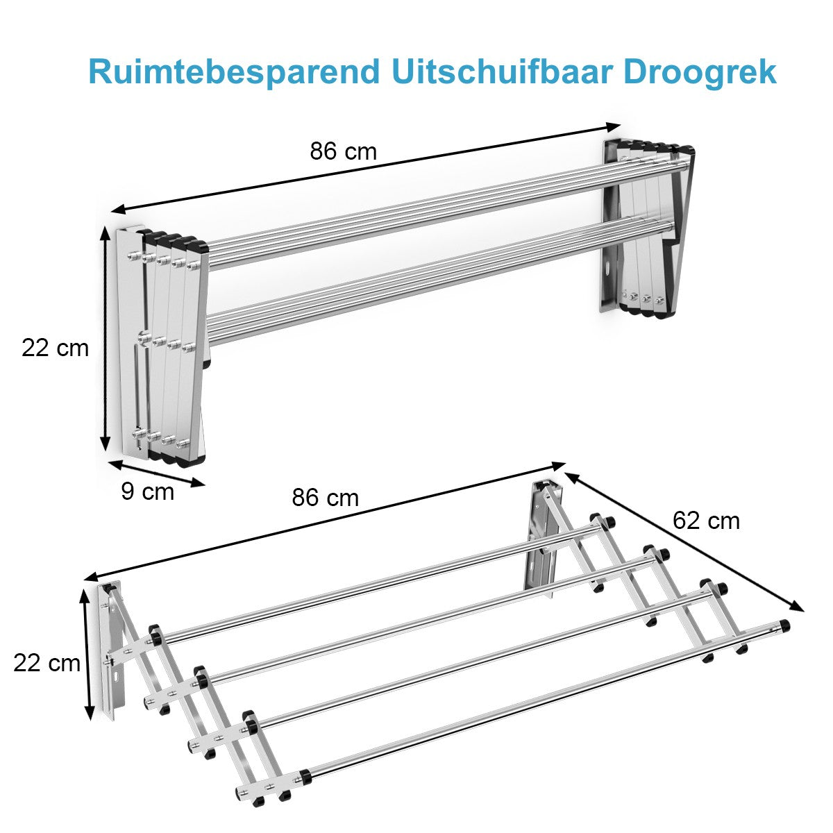 LIVSK Uitschuifbare Wand Waslijn - 8 Stangen - Ruimtebesparend en Duurzaam - Voor Kleding en Handdoeken - Zilver