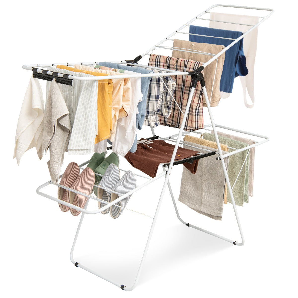 LIVSK Opvouwbare Droogtrommel - Verstelbare Vleugels - Gepoedercoat Stalen Frame - Tot 20 kg - Voor Binnen en Buiten - Wit + Zwart