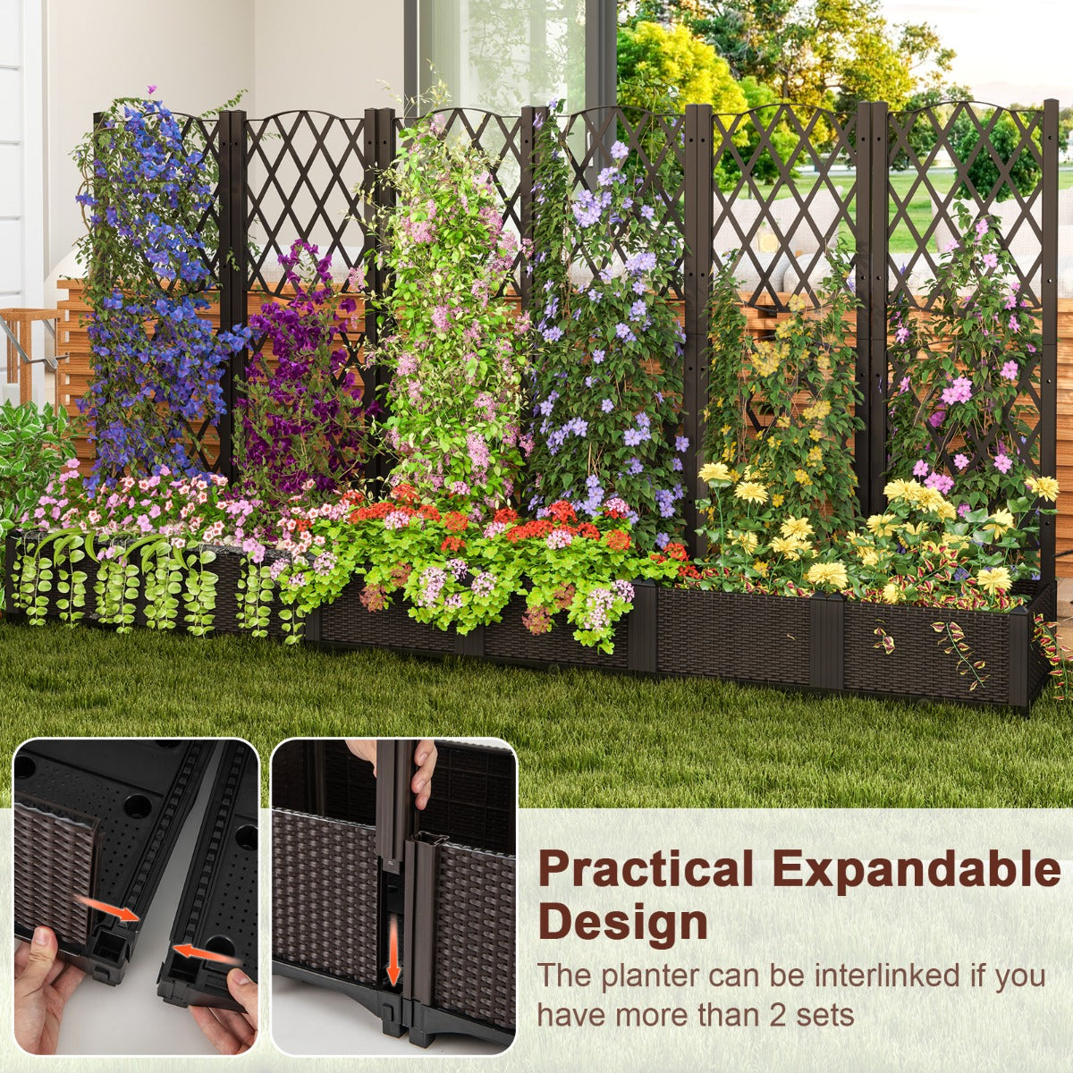 LIVSK Plantenbak met Trellis - Ruitvormig - Zelfbewaterend - Weerbestendig PE-materiaal - 80 x 40 x 122 cm - Bruin