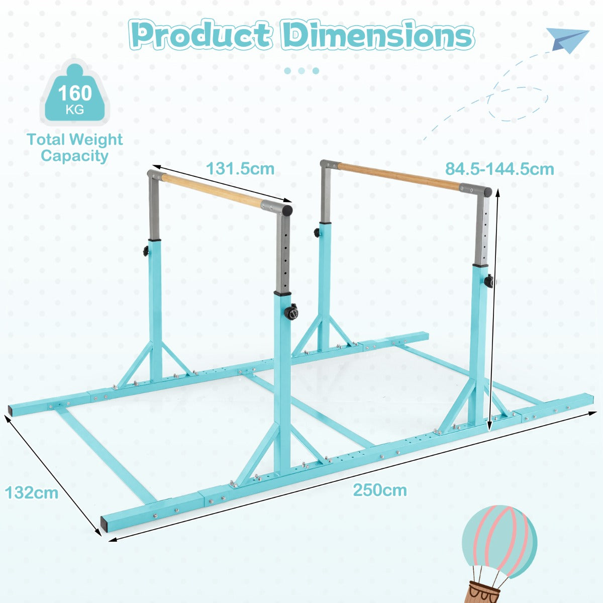Livsk costway dubbele horizontale stangen voor kinderen 250 cm junior gymnastiekbrug met hoogteverstelling van 845 1445 cm en 6 voudige breedteverstelling