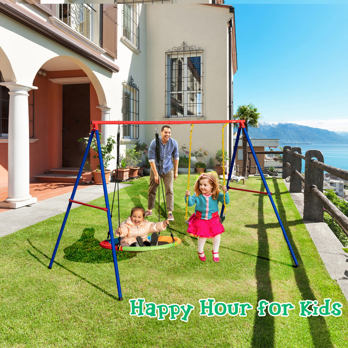 LIVSK Schommelset - Gordelschommel en Schotel Boomschommel - Verstelbare Hoogte 90-160 cm - Duurzaam Staal - Blauw en Geel