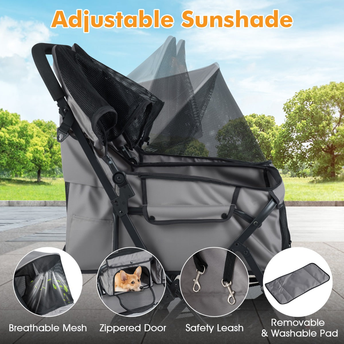 Livsk costway dubbele kinderwagen met 4 wielen voor honden opvouwbare jogger voor honden met 2 zitplaatsen grijs 4