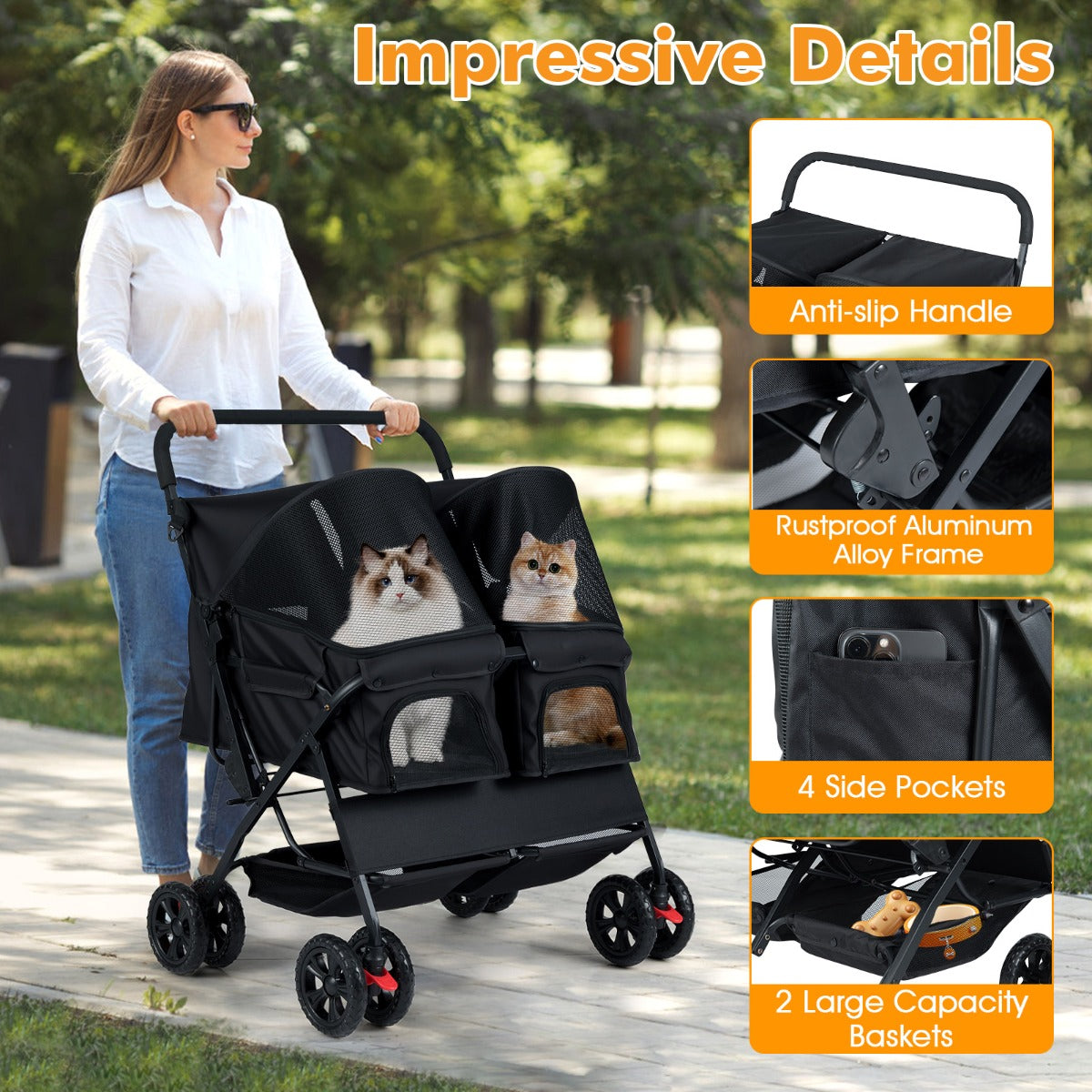Livsk costway dubbele kinderwagen met 4 wielen voor honden opvouwbare jogger voor honden met 2 zitplaatsen zwart 5
