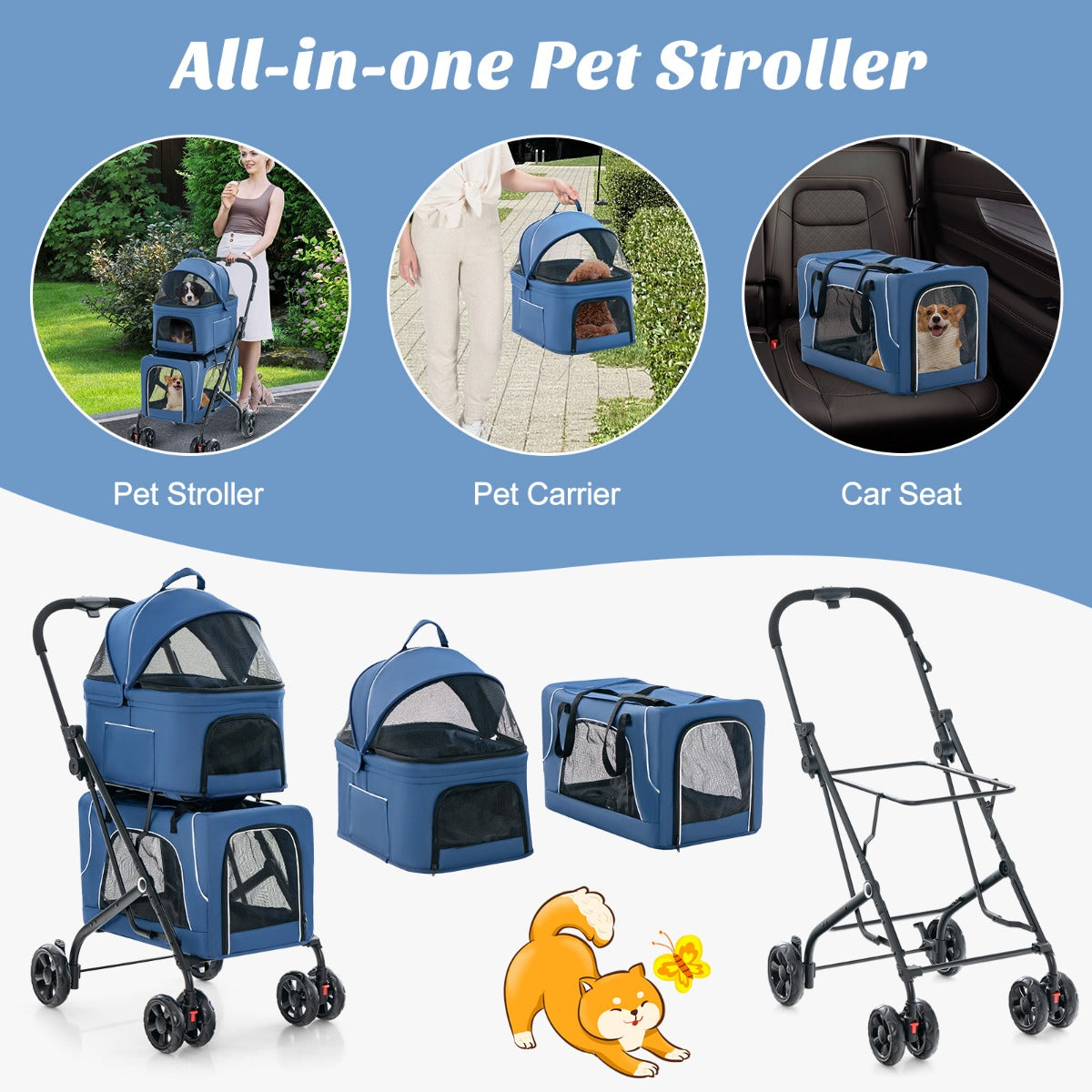 LIVSK 3-in-1 Kinderwagen voor Huisdieren - Opvouwbaar - Afneembare Dragers - Ademend Gaas - 53 x 84 x 105 cm - Blauw