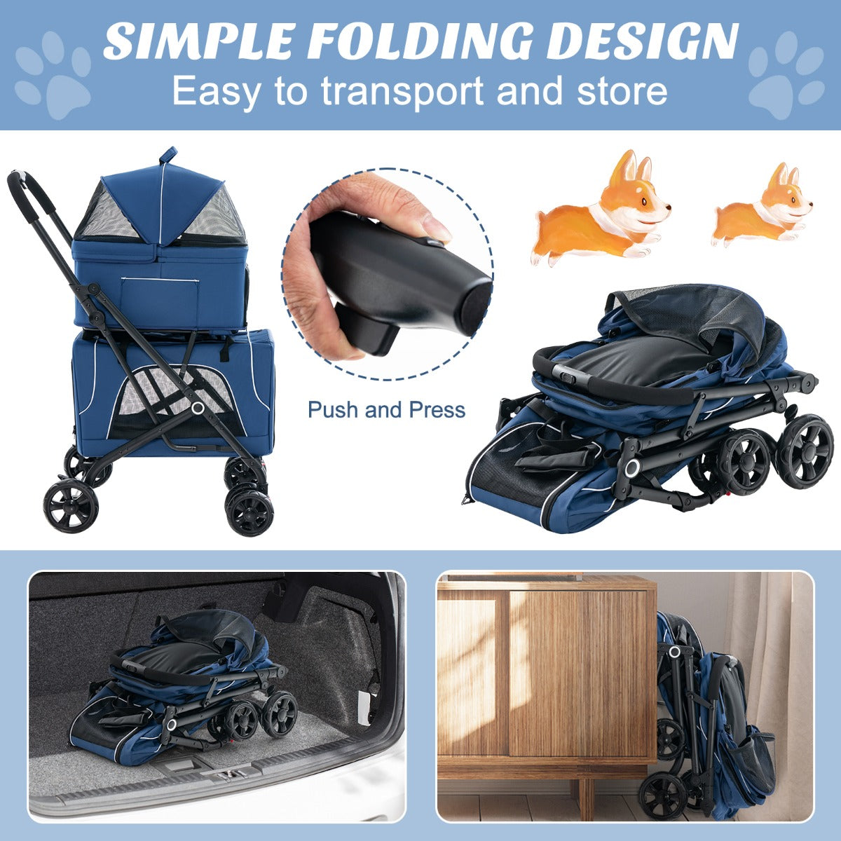 LIVSK 3-in-1 Kinderwagen voor Huisdieren - Opvouwbaar - Afneembare Dragers - Ademend Gaas - 53 x 84 x 105 cm - Blauw