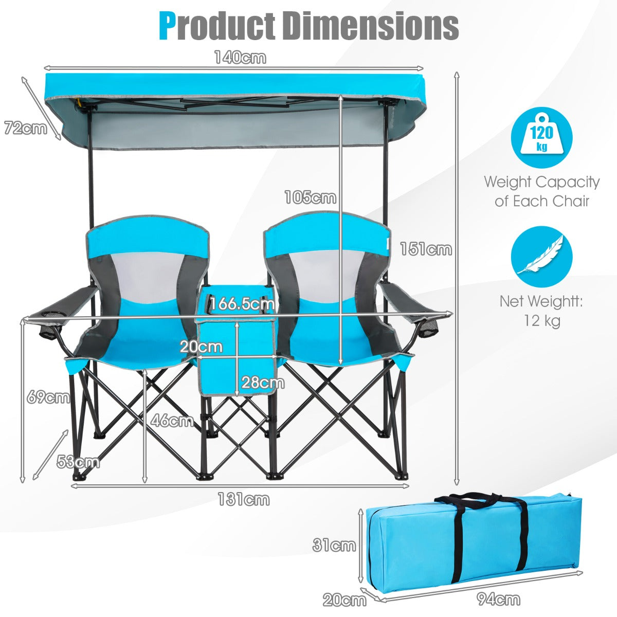 LIVSK 2-zits campingstoel met afneembare zonnekap - Draagtas - Ingebouwde tafel - Tot 240 kg - Oxford stof - Marineblauw