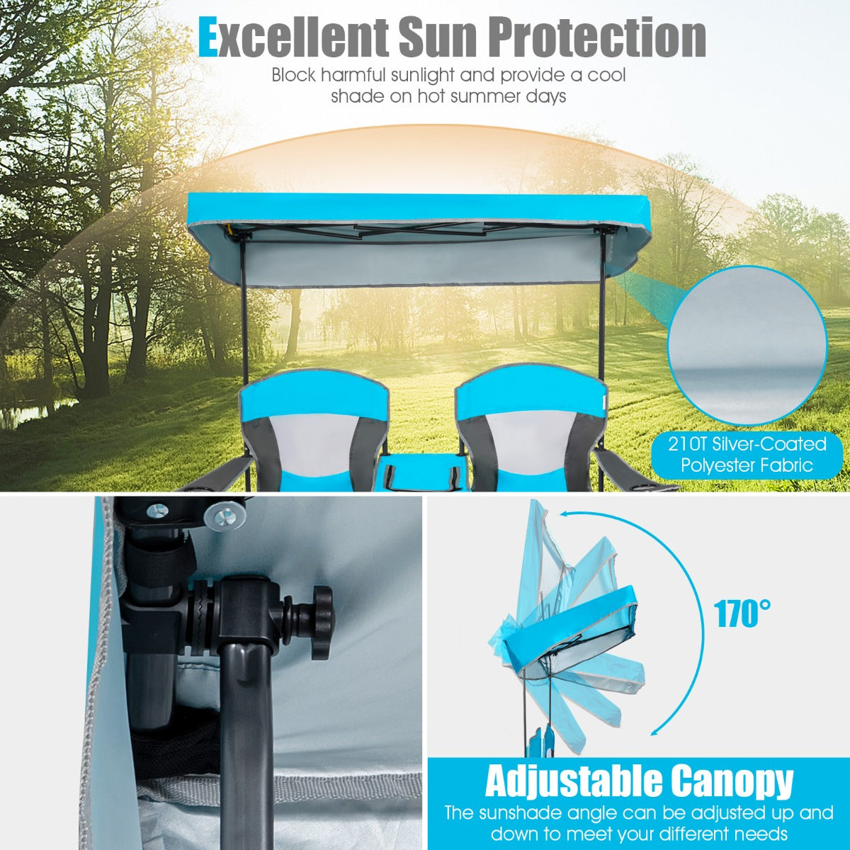 LIVSK 2-zits campingstoel met afneembare zonnekap - Draagtas - Ingebouwde tafel - Tot 240 kg - Oxford stof - Marineblauw