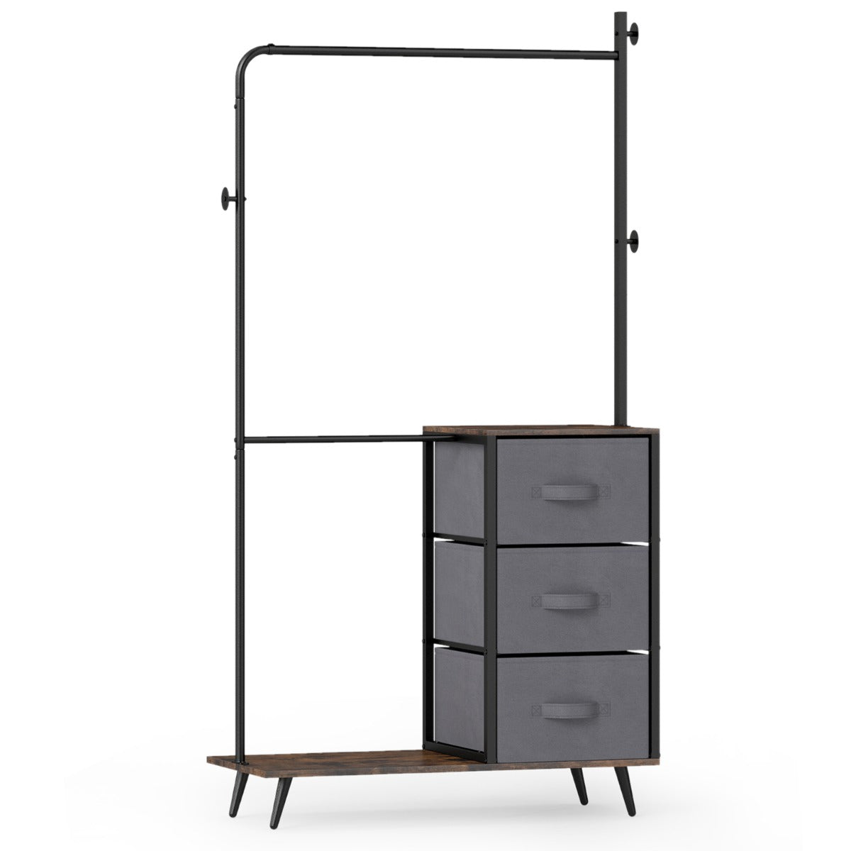 Livsk costway dubbele kledingstang om kleding op te hangen kledingrek met 2 opbergvakken 3 zijhaken en 3 stoffen lades vrijstaande kledingorganizer 1