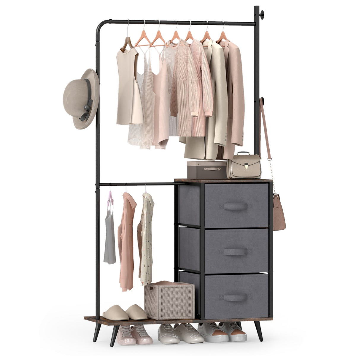 Livsk costway dubbele kledingstang om kleding op te hangen kledingrek met 2 opbergvakken 3 zijhaken en 3 stoffen lades vrijstaande kledingorganizer
