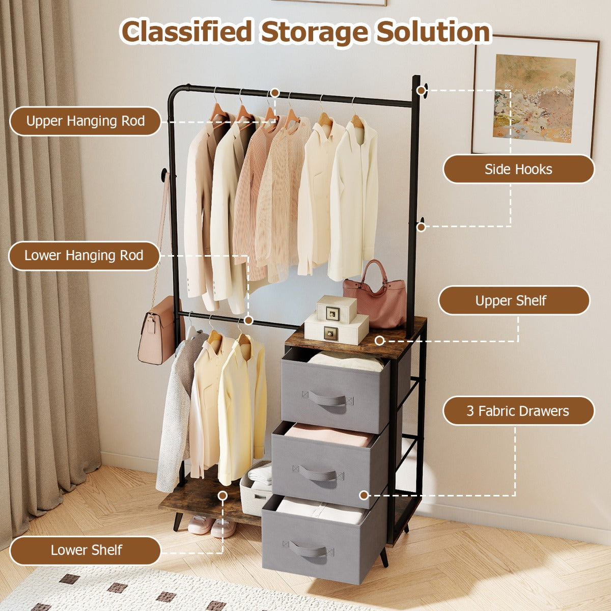 Livsk costway dubbele kledingstang om kleding op te hangen kledingrek met 2 opbergvakken 3 zijhaken en 3 stoffen lades vrijstaande kledingorganizer