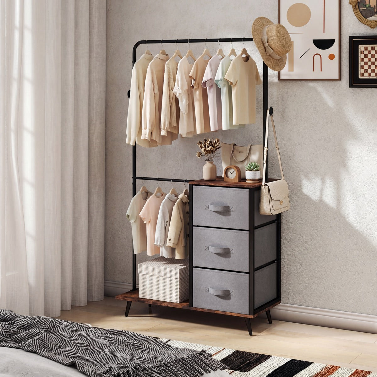 Livsk costway dubbele kledingstang om kleding op te hangen kledingrek met 2 opbergvakken 3 zijhaken en 3 stoffen lades vrijstaande kledingorganizer