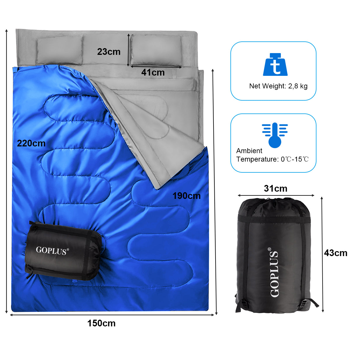 LIVSK Dubbele Slaapzak 2 Persoons - Waterdicht - 2-in-1 met Kussens - Voor Extreem Weer - Draagtas Inclusief - Blauw