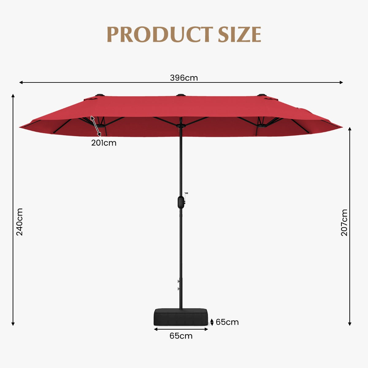 LIVSK Dubbele Terrasparasol - 396 x 201 cm - Ventilatiegat - Weerbestendig Doek - Stabiel Frame - Opvulbare Voet - Grijs