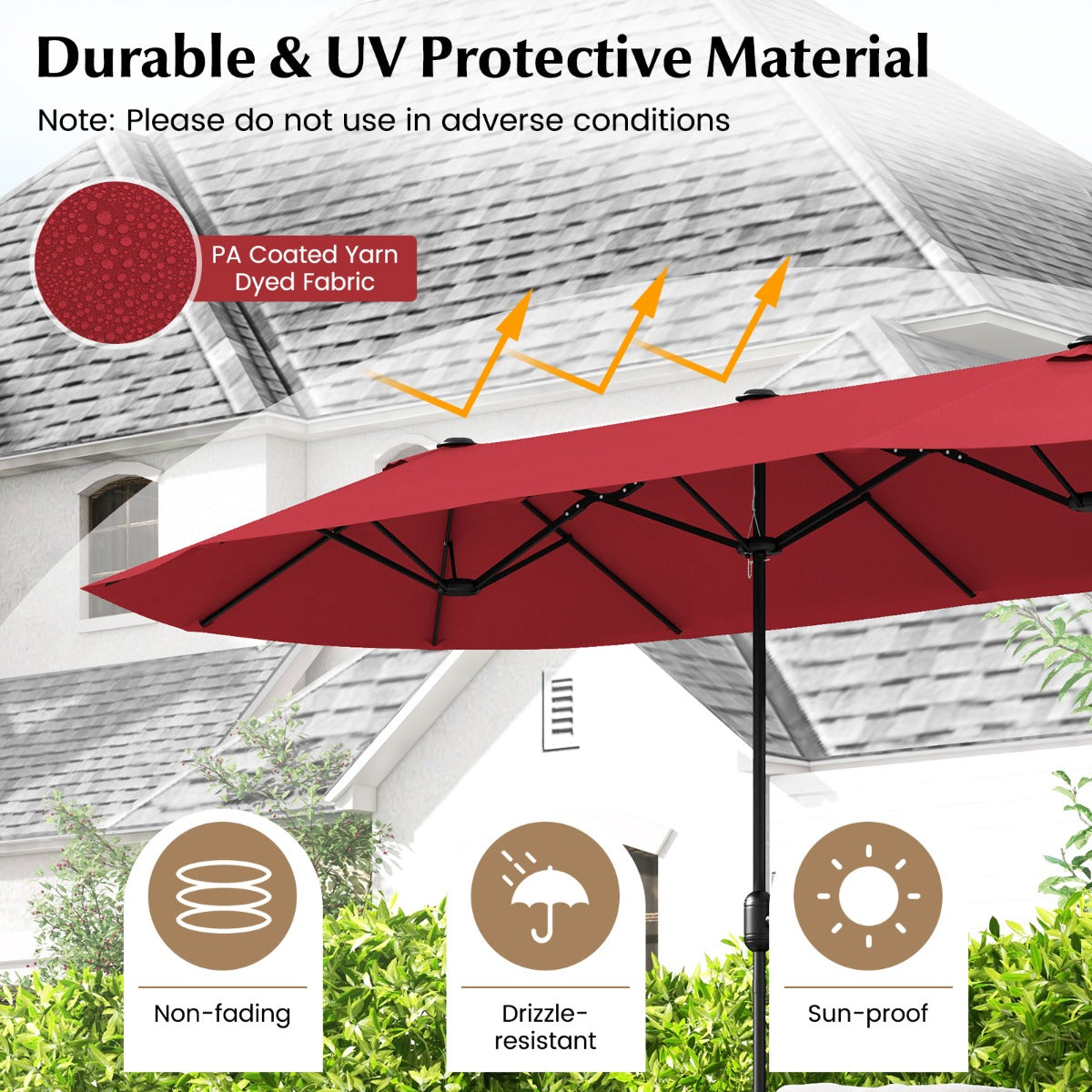 LIVSK Dubbele Terrasparasol - 396 x 201 cm - Ventilatiegat - Weerbestendig Doek - Stabiel Frame - Opvulbare Voet - Grijs