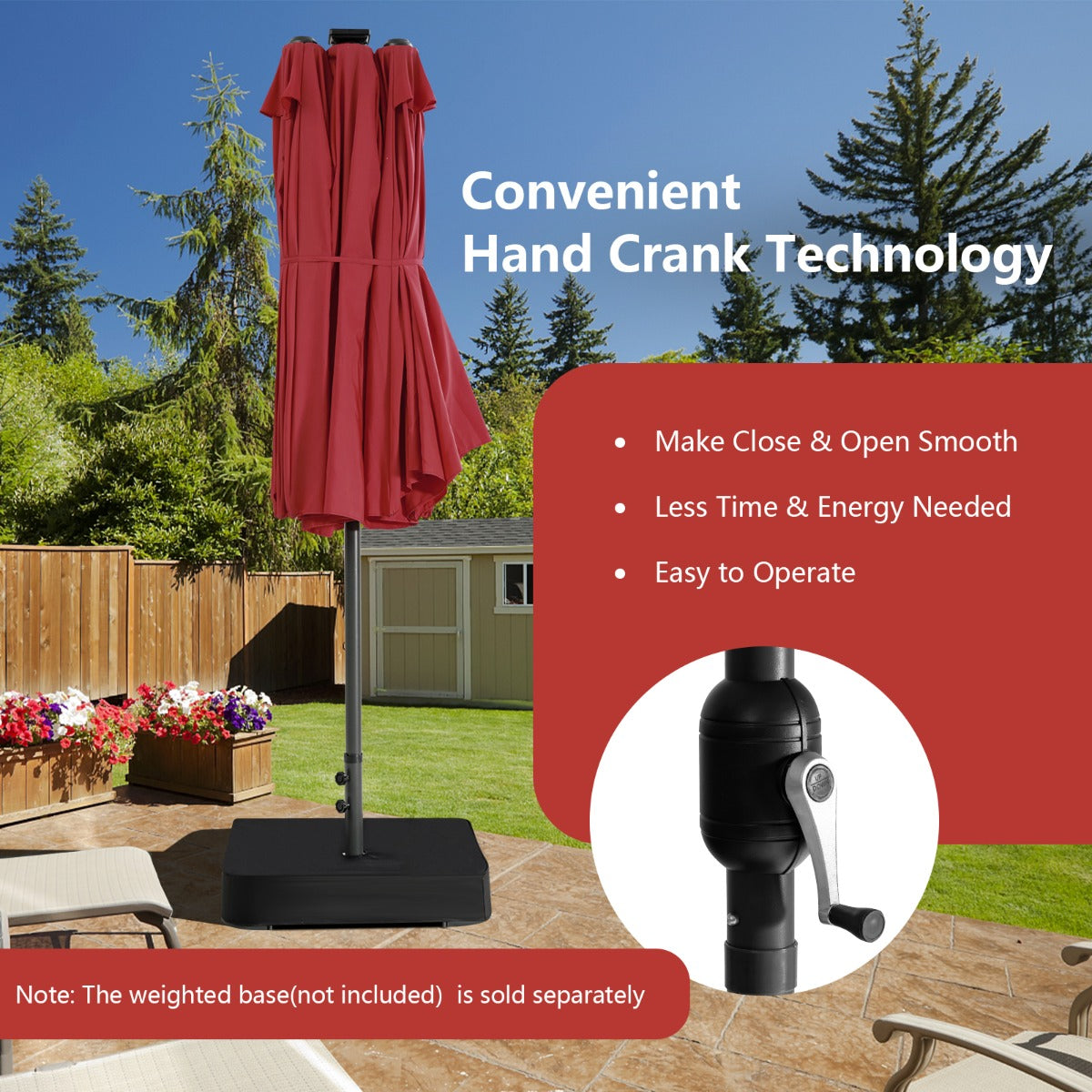 LIVSK Dubbele Parasol - 470 x 280 cm - Crankmechanisme - 48 LED-lampjes - Duurzaam Polyester - Wijnrood