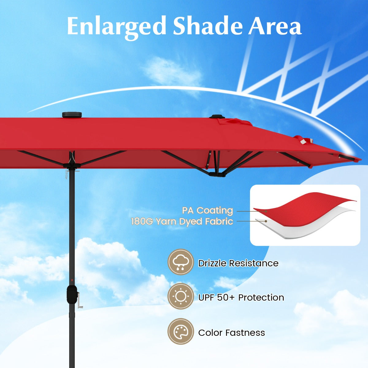 LIVSK Dubbele Tuinparasol met LED Verlichting - 400 x 200 cm - Stevige Metalen Structuur - Eenvoudige Installatie - Wijnrood