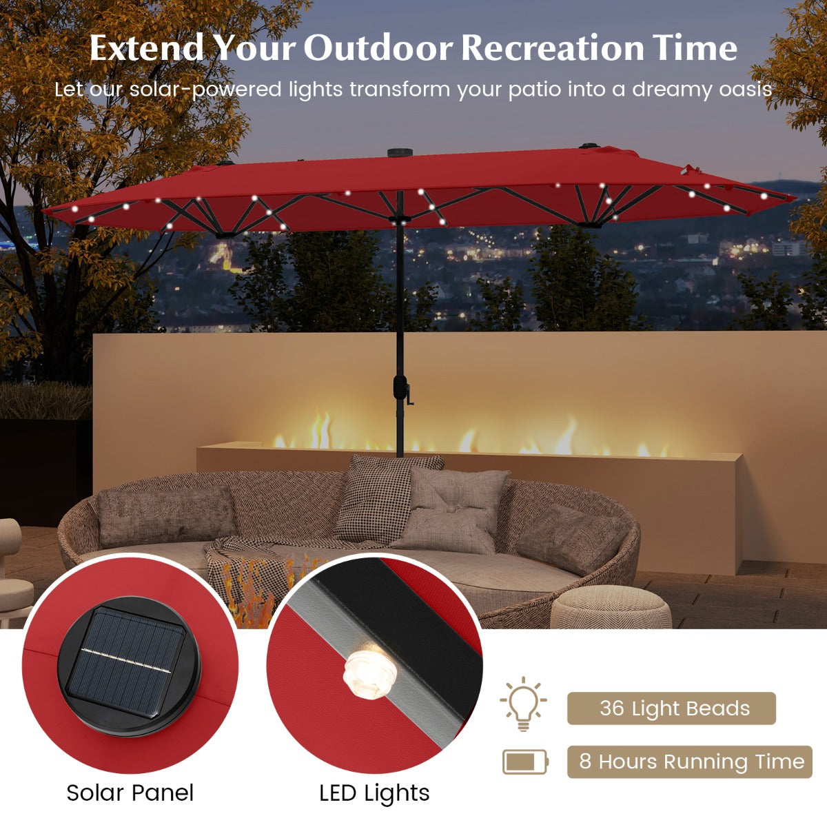 LIVSK Dubbele Tuinparasol met LED Verlichting - 400 x 200 cm - Stevige Metalen Structuur - Eenvoudige Installatie - Wijnrood