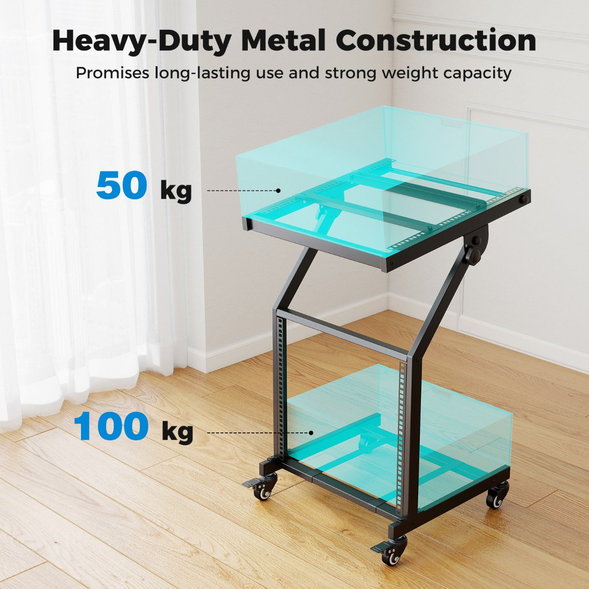 Livsk costway dubbelwandig audiorek 9u dj mixerstandaard met verstelbare dwarsbalk en vergrendelbare zwenkwielen 3