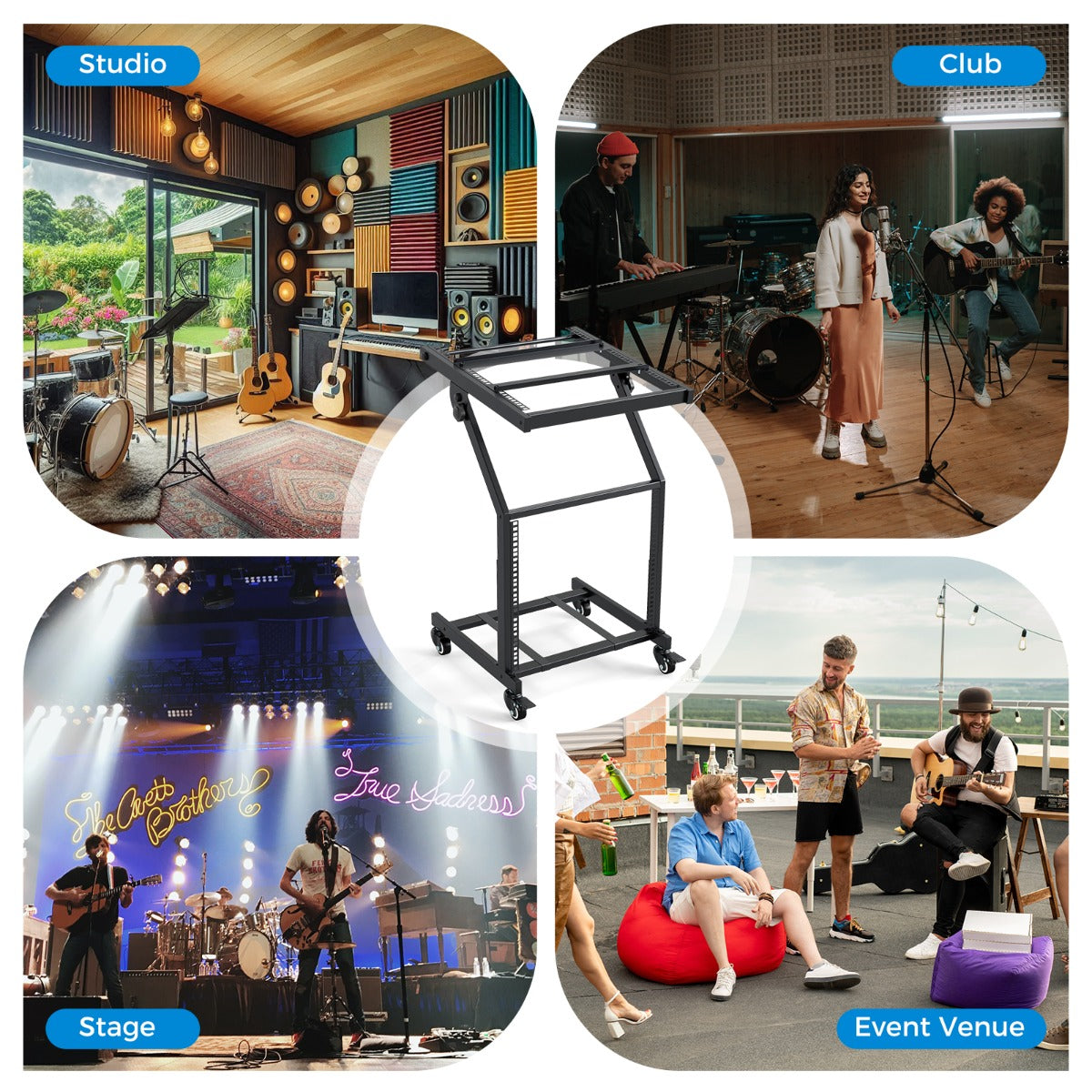 Livsk costway dubbelwandig audiorek 9u dj mixerstandaard met verstelbare dwarsbalk en vergrendelbare zwenkwielen 4