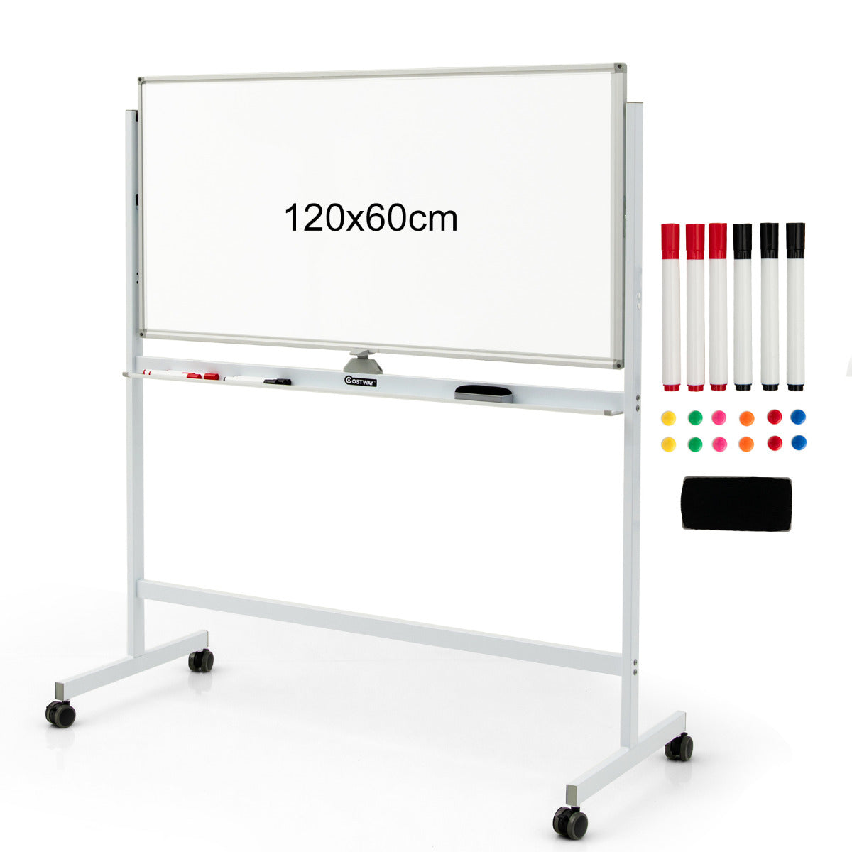 LIVSK Dubbelzijdig Magnetisch Mobiel Whiteboard - Hoogte Verstelbaar - Rollend met Vergrendelbare Wielen - Inclusief Markers - Wit
