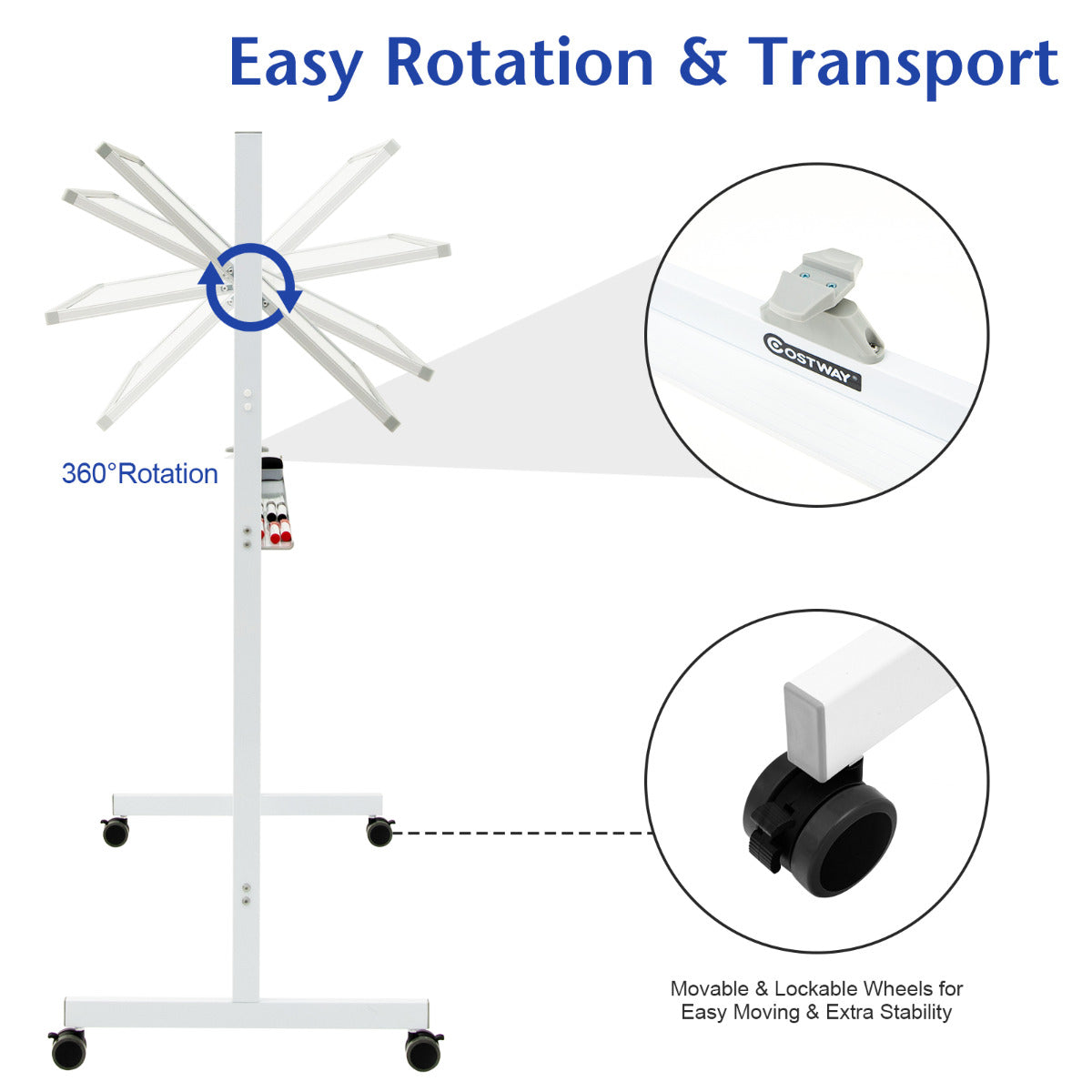 LIVSK Dubbelzijdig Magnetisch Mobiel Whiteboard - Hoogte Verstelbaar - Rollend met Vergrendelbare Wielen - Inclusief Markers - Wit