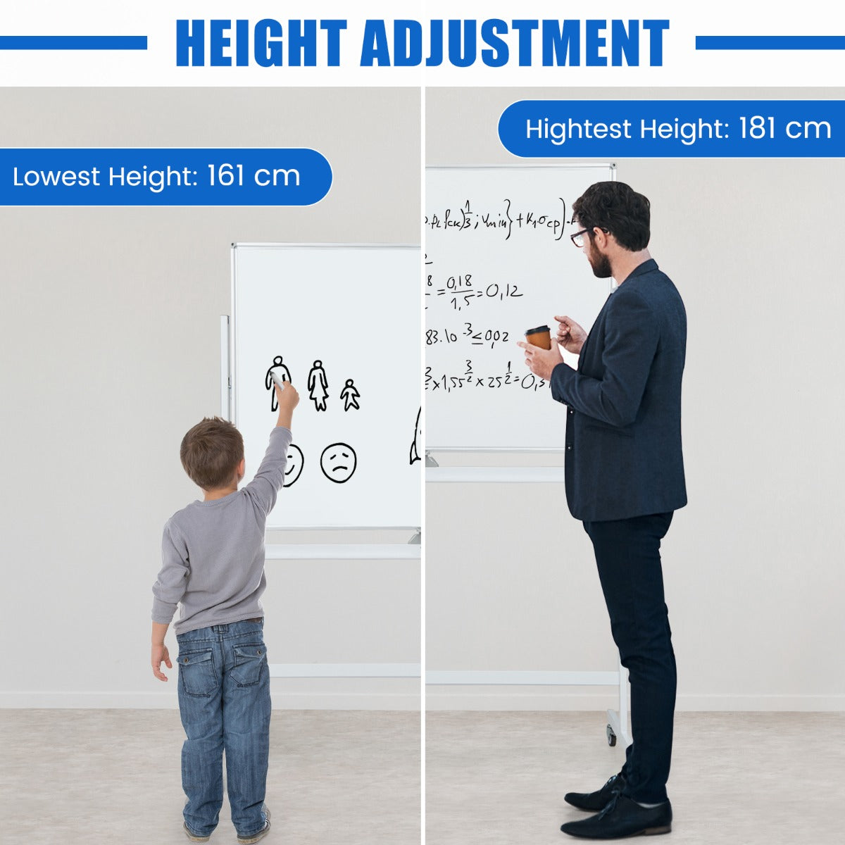 LIVSK Dubbelzijdig Verstelbaar Whiteboard - Hoogte 161-181 cm - Inclusief 6 Stiften en Magneten - Voor Onderwijs en Presentaties